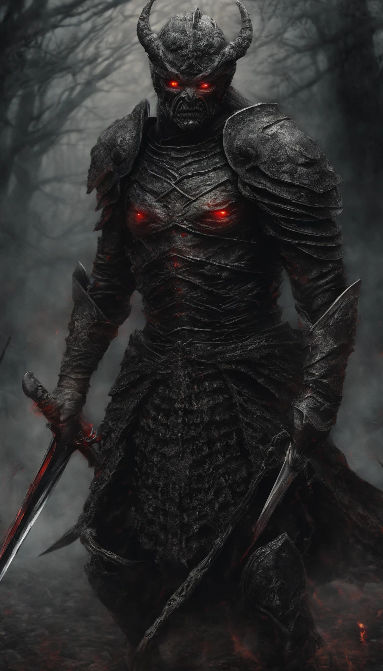 (best quality,ultra-detailed,realistic:1.37),ancient warrior with sword and shield,supernatural art,demonic creature,red glowing eyes,extremely detailed portrait, portrait, warrior, ancient, sword, shield, supernatural, demonic creature, red glowing eyes