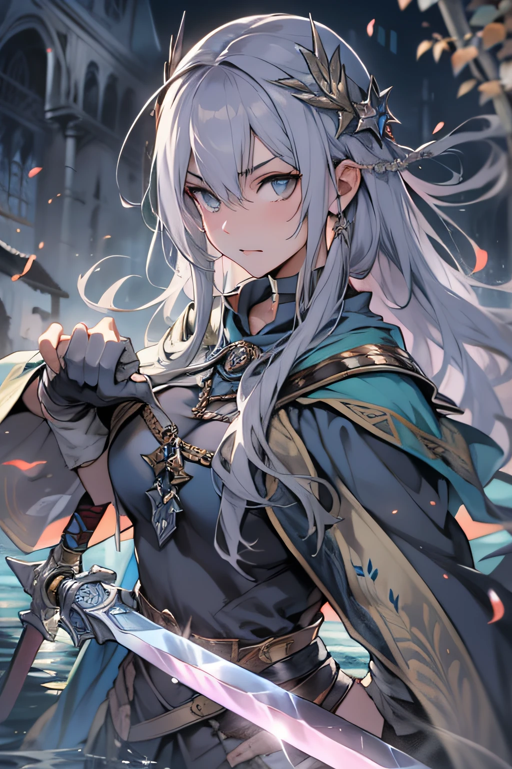 {{masutepiece}}、{{high-level image quality}}、neons、medieval times、Neat face、A big sword is stuck in the ground、Silver hair、The Strongest Warrior、cloaks、gloves、water magic