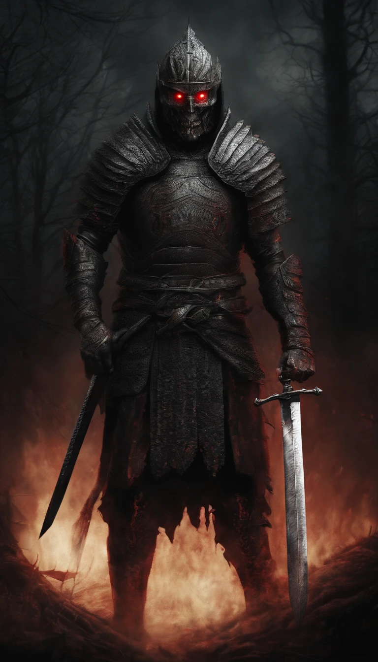(best quality,ultra-detailed,realistic:1.37),ancient warrior with sword and shield,supernatural art,demonic creature,red glowing eyes,extremely detailed portrait, portrait, warrior, ancient, sword, shield, supernatural, demonic creature, red glowing eyes
