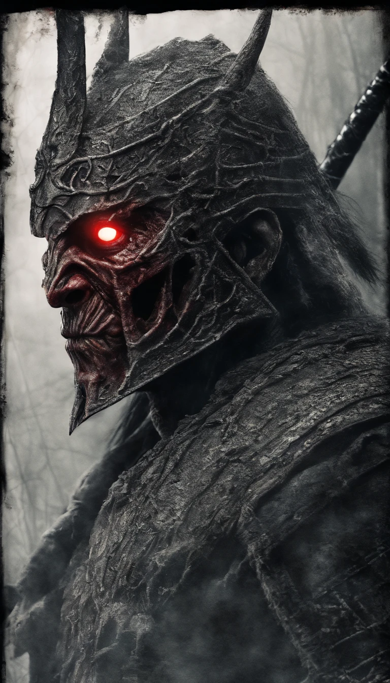 (best quality,ultra-detailed,realistic:1.37),ancient warrior with sword and shield,supernatural art,demonic creature,red glowing eyes,extremely detailed portrait, portrait, warrior, ancient, sword, shield, supernatural, demonic creature, red glowing eyes