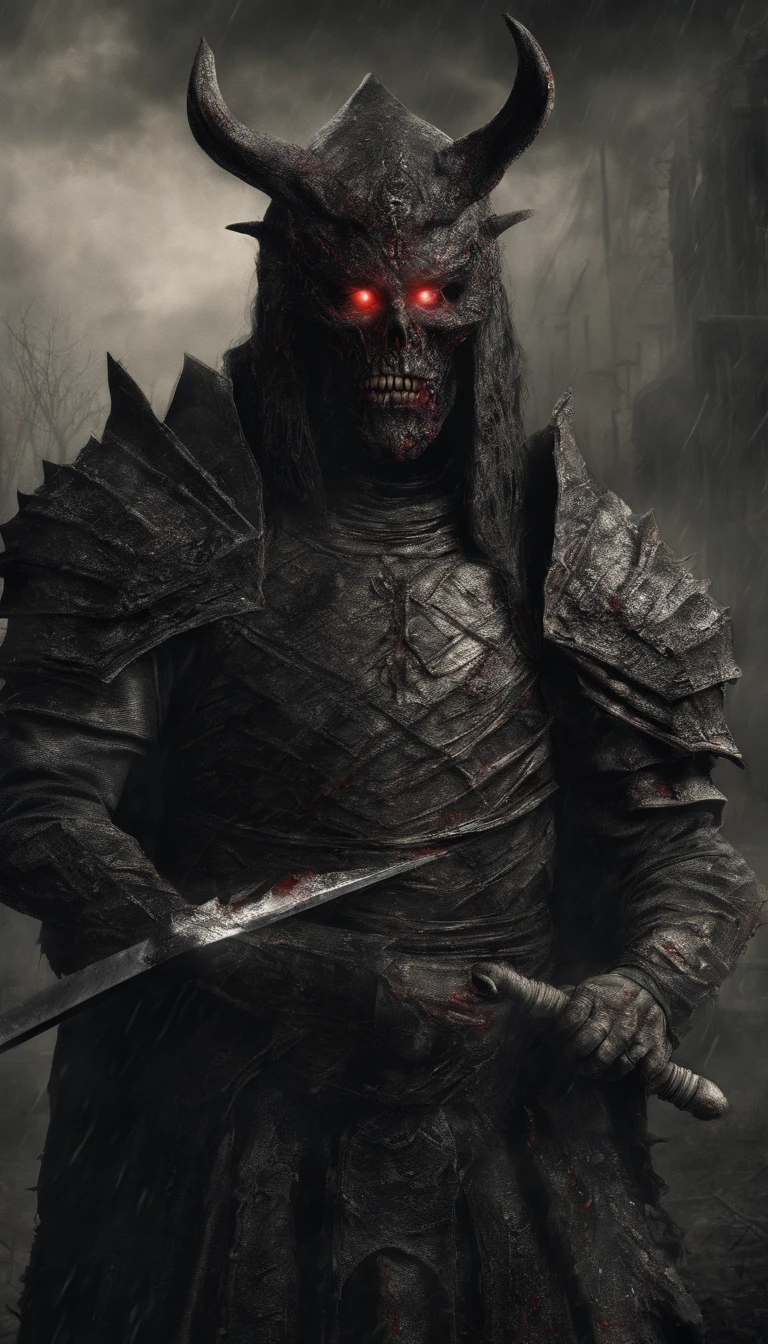 (best quality,ultra-detailed,realistic:1.37),ancient warrior with sword and shield,supernatural art,demonic creature,red glowing eyes,extremely detailed portrait, portrait, warrior, ancient, sword, shield, supernatural, demonic creature, red glowing eyes