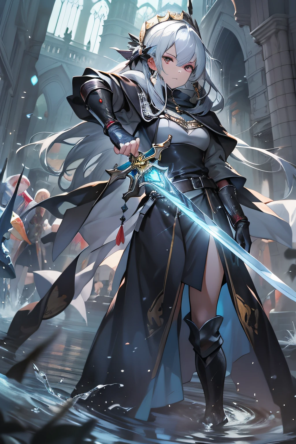 {{masutepiece}}、{{high-level image quality}}、neons、medieval times、Neat face、A big sword is stuck in the ground、Silver hair、The Strongest Warrior、cloaks、gloves、water magic