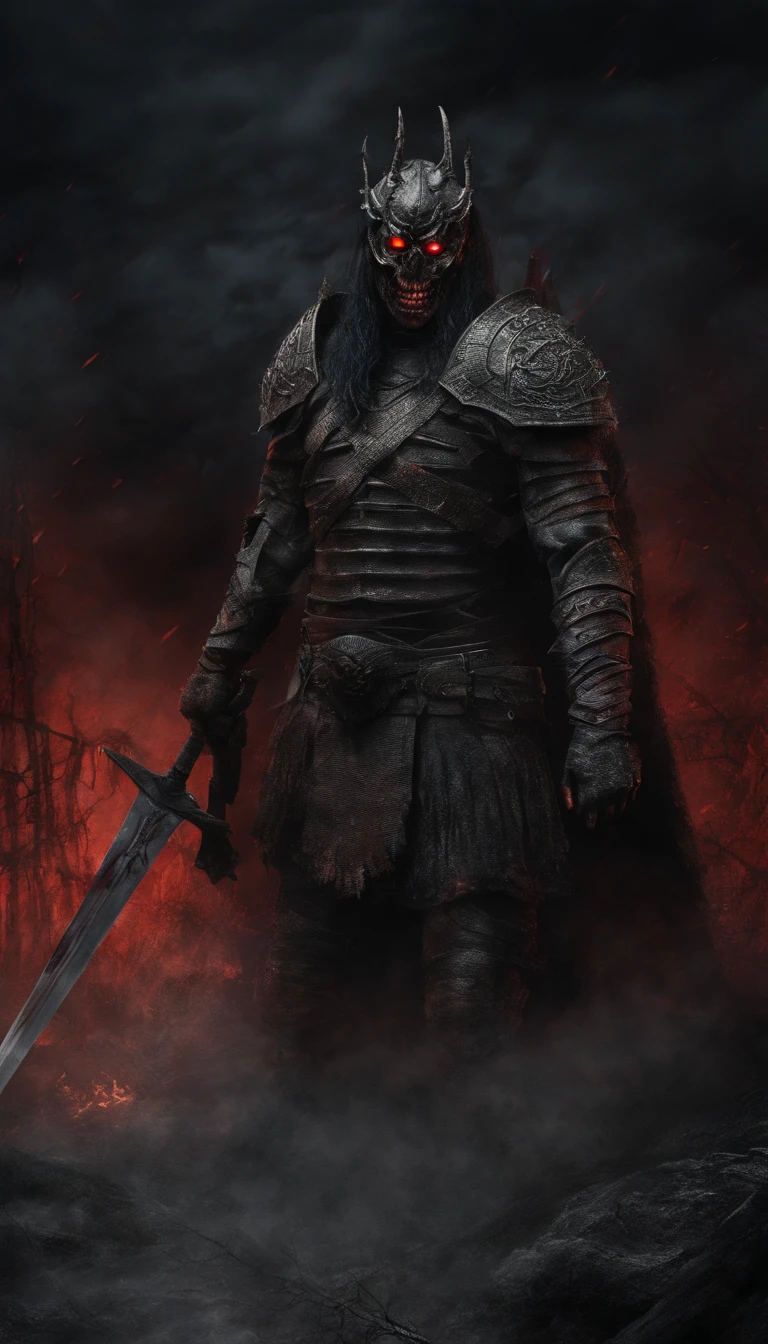 (best quality,ultra-detailed,realistic:1.37),ancient warrior with sword and shield,supernatural art,demonic creature,red glowing eyes,extremely detailed portrait, portrait, warrior, ancient, sword, shield, supernatural, demonic creature, red glowing eyes
