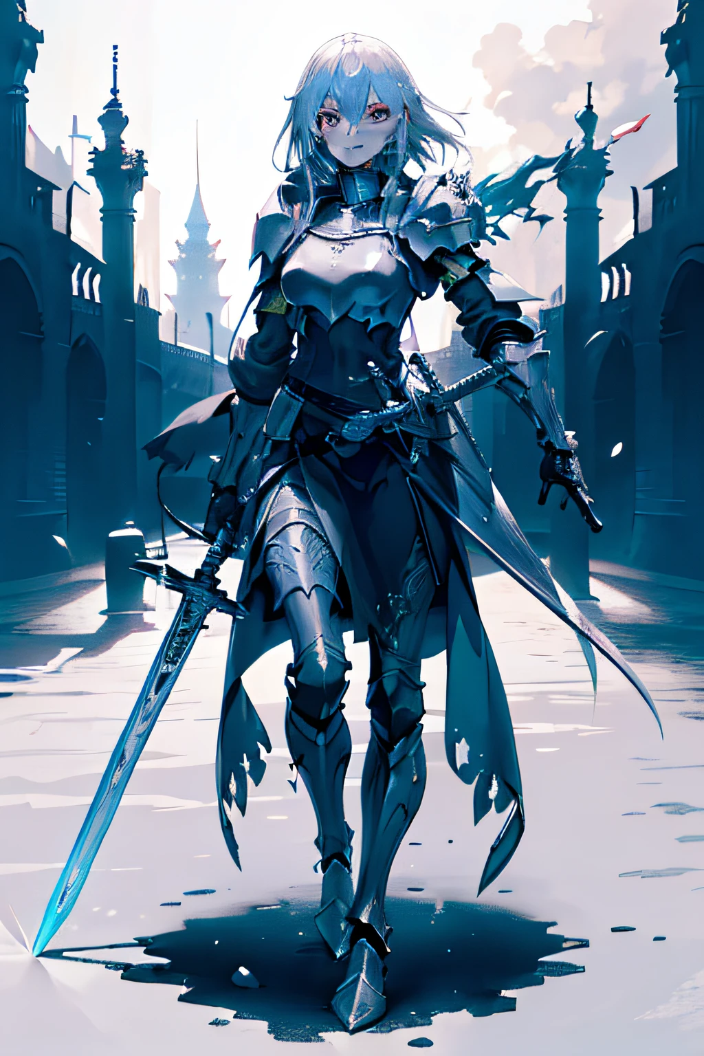 Female knight, Full body, (Sword in one hand), ((Dungeon)), Fighting, (Black coat), ((detailed art)), ((High resolution)), (Anime), ((modern fine art)), ((hard disk))