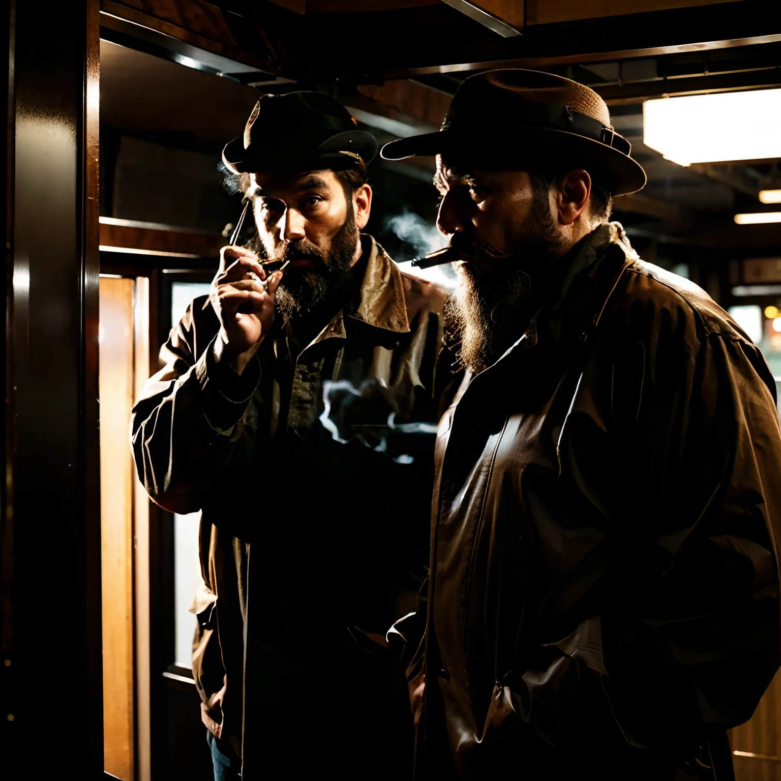 2 middle aged men, with beards, wearing brown detective clothes, in Tokyo , smoking, looks mysterious, 8k, high quality, high detail