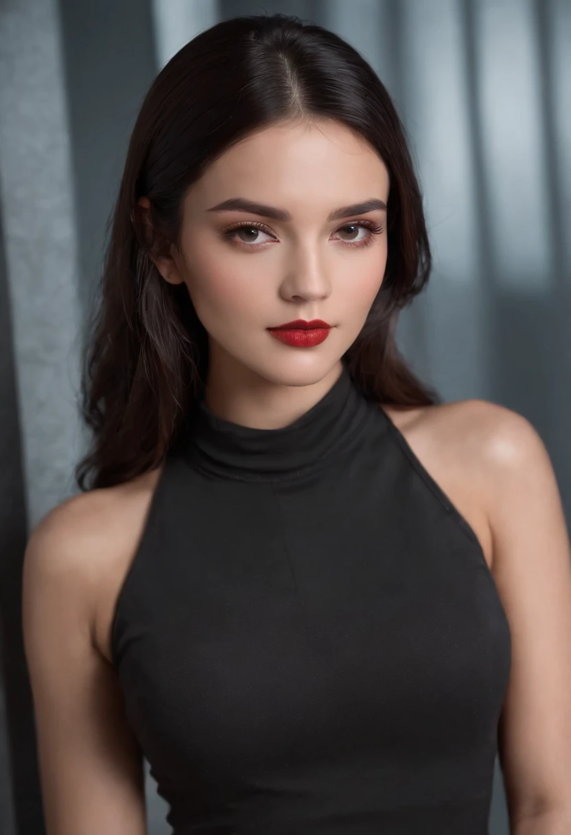 NSFW,Emilicia Gomez, tall, Gorgeous, Spanish descent, Age 23, express sexual desire to me, Smooth skin, Black hair. Turtleneck of red color, Black Fitting Pants, Simple Silver Cross Necklace, Work in an underground base, Highly detailed, 发光, 8K, Checking artifacts, holding a long whip. Amazing detail,