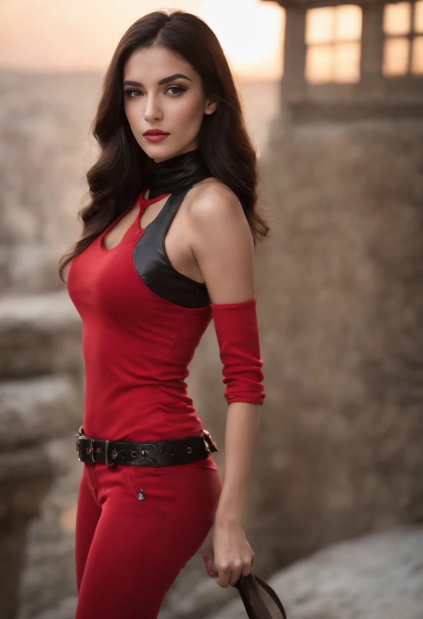 NSFW,Emilicia Gomez, tall, Gorgeous, Spanish descent, Age 23, express sexual desire to me, Smooth skin, Black hair. Turtleneck of red color, Black Fitting Pants, Simple Silver Cross Necklace, Work in an underground base, Highly detailed, 发光, 8K, Checking artifacts, holding a long whip. Amazing detail,