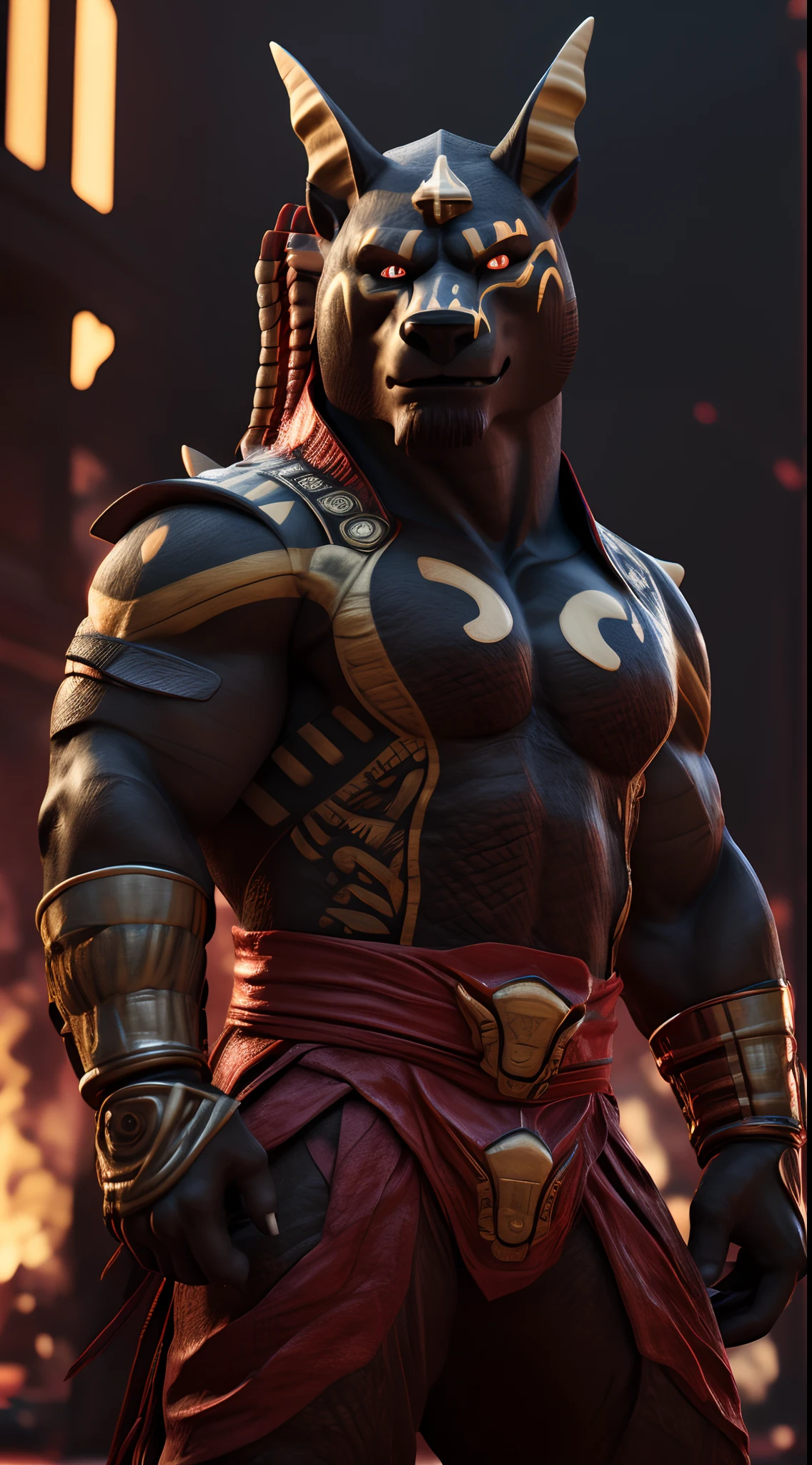 (best quality,8k,highres,masterpiece:1.2),ultra-detailed,(photorealistic:1.37),(the ultimate Orochi Neferu),red glowing eyes,staring at the viewer,detailed facial features,same design as Iori Yagami,background from The King of Fighters XV,fiery background,serious expression,on a realistic face,in 8k.