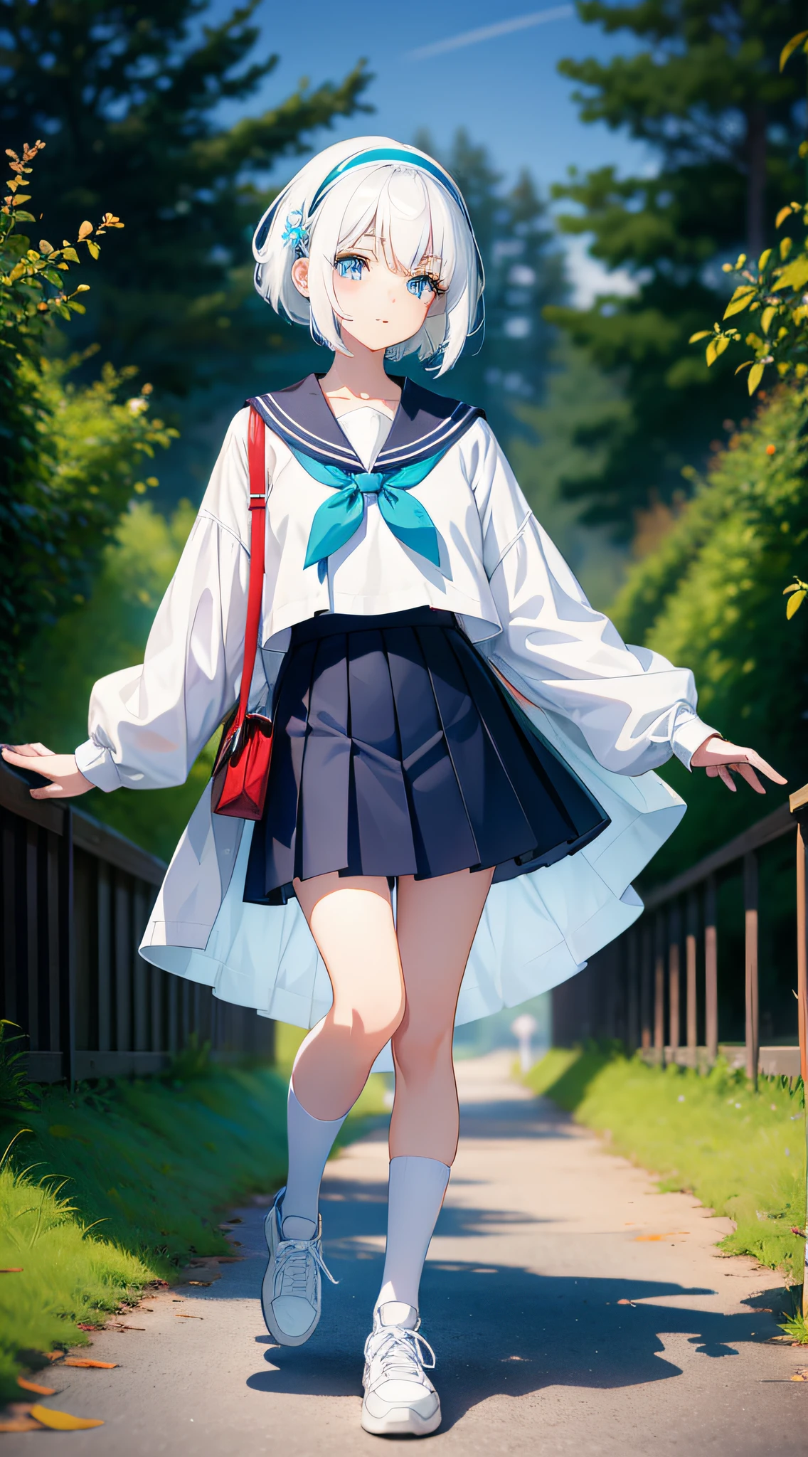 Anime characters with white hair and blue eyes, Anime visuals of cute girls, anime moe art style,girl with short white hair, Girl, white hair, young anime girl, Official Character Art,Iris heterochromic pupil,Wear high-top sneakers,White sailor suit with blue accents,red hairband,sitted,your legs,flat-chest,short ponytail hair,White high top flat in hand,Chiquita,Short pleated skirt,Full body photo