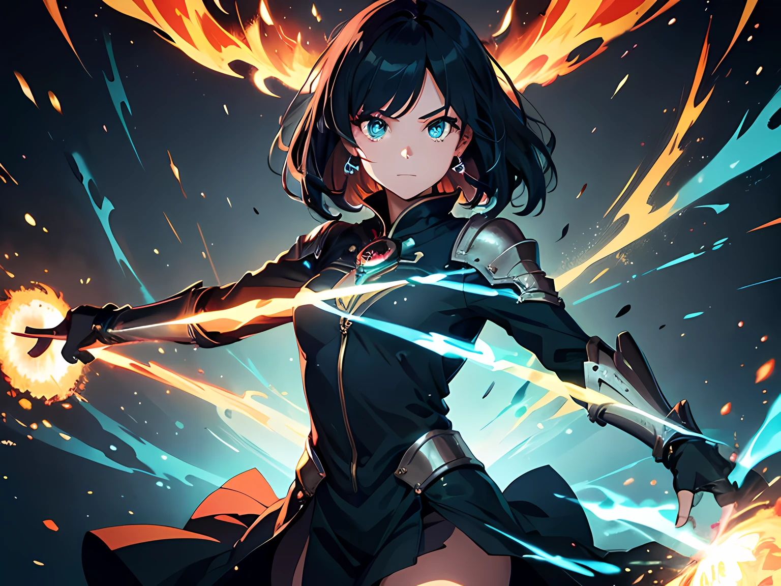 (ultra-detailed, perfect pixel, highres, best quality, beautiful eyes finely detailed), (full body:0.8), 19 years old anime girl, short raven hair, wavy hair, parted bangs, black hair, gradient hair color, flowing crimson hair that dances like flames, there is many red fire swirling around her body (transparent:0.7), showing her overpower aura (dangerous and terrifying aura), dangerous, she holding a wizard staff, casting a powerful explosion magic, grand magus, green eyes, strong and heavy steel armor, prestigious, realistic fire, the background is full of magical particles and realistic blue fire. lens flare, glowing light, reflection light, motion blur, 8k, super detail, ccurate, best quality, Ray tracing.