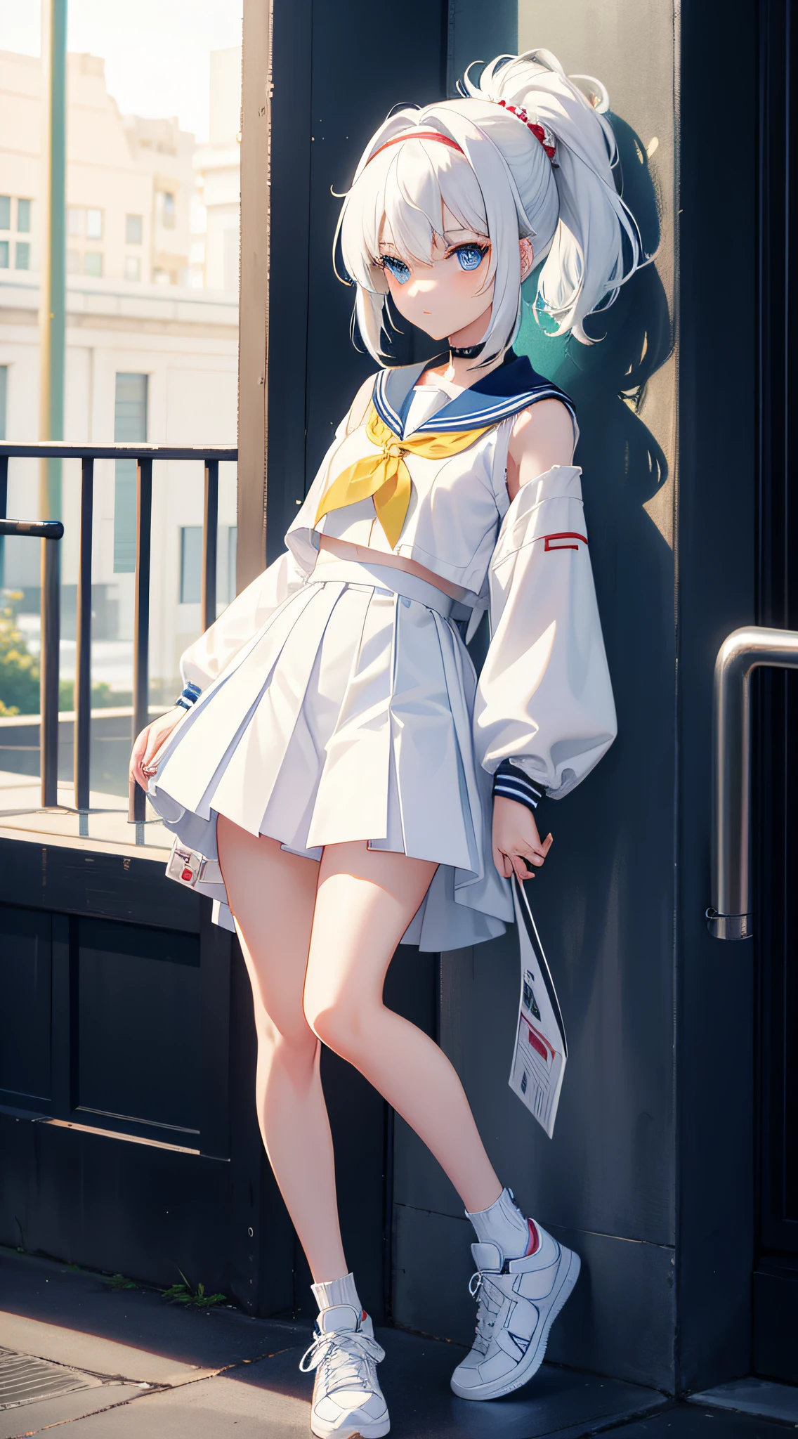 Anime characters with white hair and blue eyes, Anime visuals of cute girls, anime moe art style,girl with short white hair, Girl, white hair, young anime girl, Official Character Art,Iris heterochromic pupil,Wear high-top sneakers,White sailor suit with blue accents,red hairband,sitted,your legs,flat-chest,short ponytail hair,White high top flat in hand,Chiquita,Short pleated skirt,Full body photo