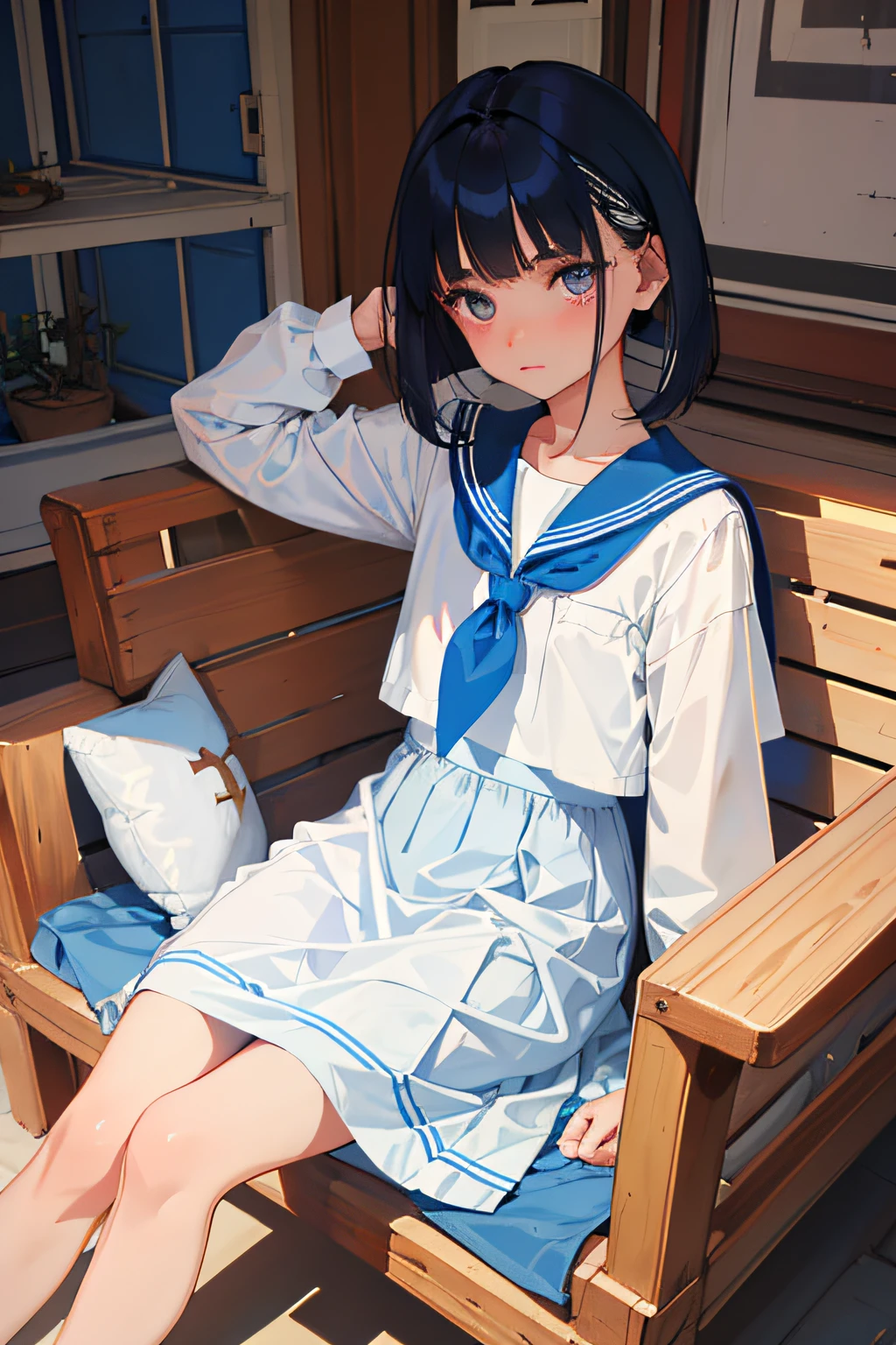 Anime girl sitting on a bench with a cat on her lap - SeaArt AI