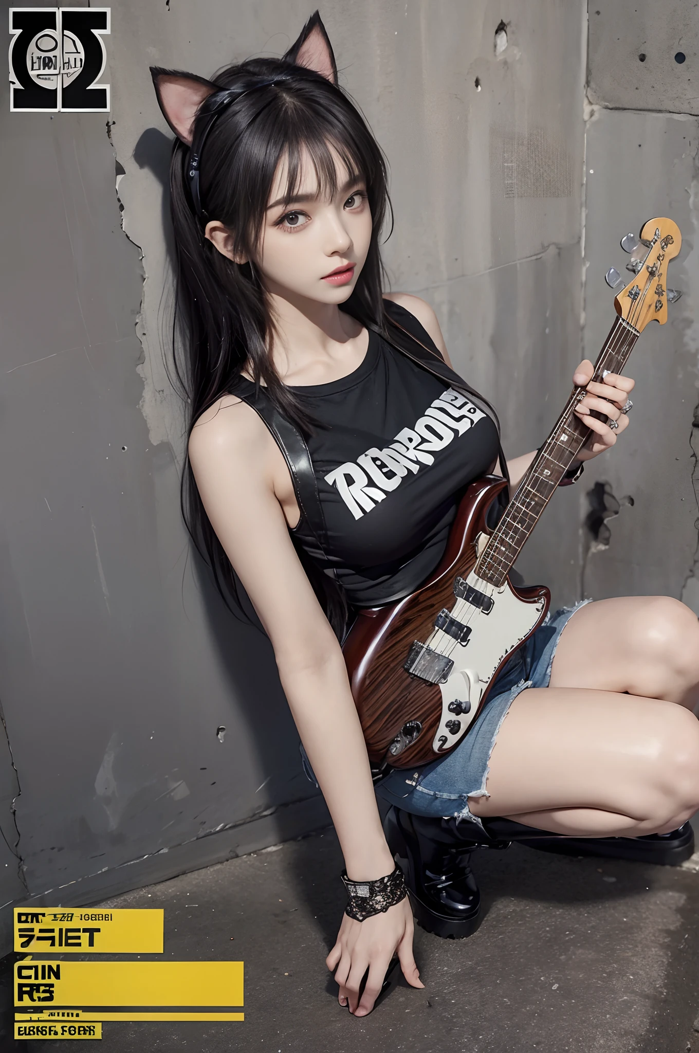 ((girls rock! Magazine Cover:1.4)), (Realistic, Photorealsitic:1.37),(masutepiece), (超A high resolution:1.2),(Best Quality:1.4), (makeup:1.3), (close-up), (big breasts:1.5), BREAK rock style, wear a rig band_logo printed_T-shirt, Fishnet stockings, platform shoes, torn little shorts, Tank top, Combat boots, bandana, layered clothes, leather jackets, headphones, brick and concrete wall,
(Woman playing bass live:1.3)、(Brunette hair:1.3)、(Long Straight hair:1.7)、Intricate 4-string bass:1.3、Anatomically correct fingers、fender precision base、Only one base、Cat's ears、