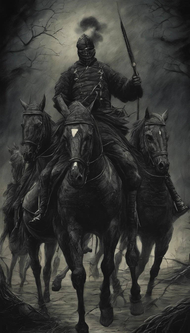 Five rampant soldiers and horses,Surreal art
