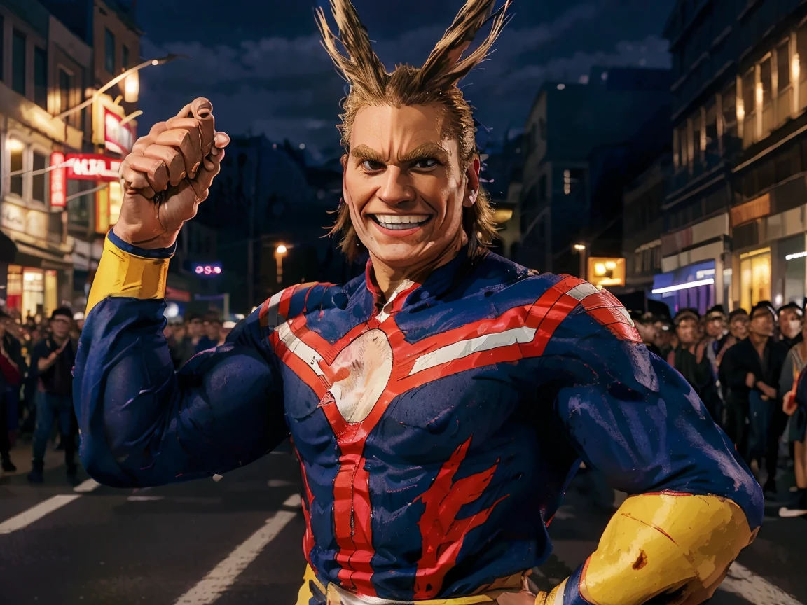 1boy, allmight, smile, antenna hair, night, streets, (crowd, people), background, hands up
professional, sharp, natural lighting, (masterpiece:1.2), realistic, extremely detailed, intricate details, absurdres, 4k, 8k, hdr, highres, anime, manga,