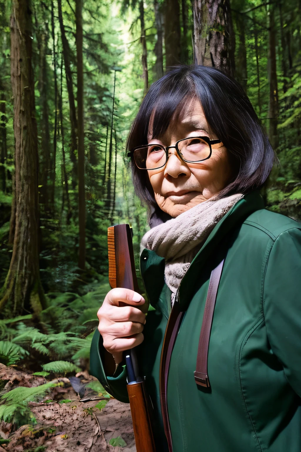 An old Japanese woman in her 70s holds a shotgun and holds the muzzle in front of her. Wearing glasses hunter's outfit The background is a dark forest Size is bust shot Behind the old woman, Hikuma is looking at us.。