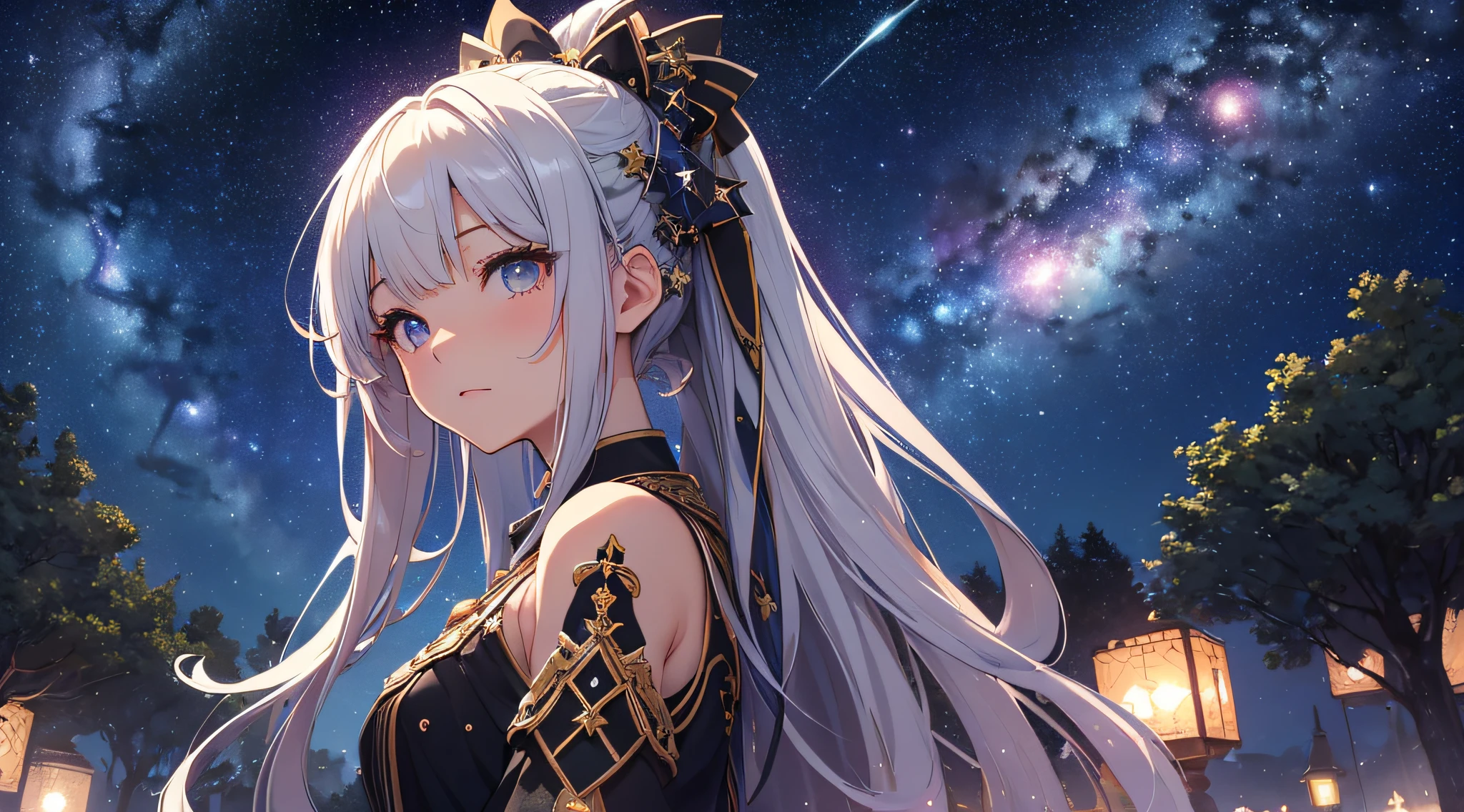 masterpiece、High Detailed Girls((独奏、a beauty girl、doress、Highly detailed hair ornament、Hair is tied up))、Background with((Fantastic starry sky、meteors、black hole))、Depth((Giant Tree、Fantastic、Luminescent))、