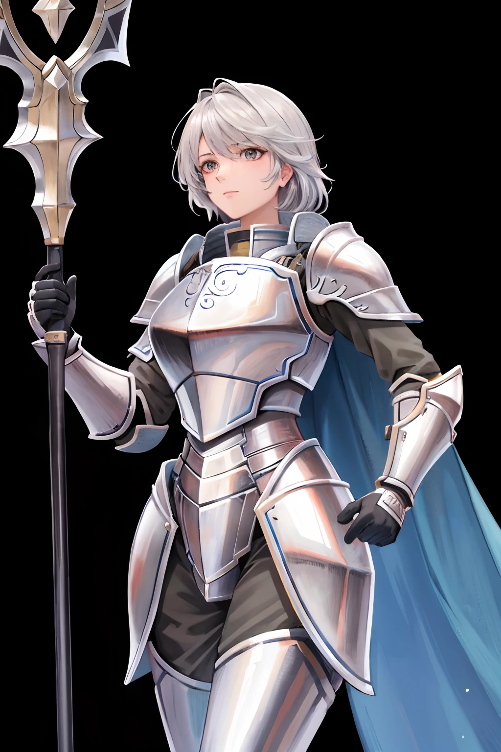 The image of Arafi, A woman in an armored suit, Standing in front the door, portrait of female paladin, portrait knight female, of a beautiful female knight, graphic artist magali villeneuve, girl in knight armor, Paladin, Female knight, beautiful female knight, picture of female paladin, magali villeneuve', fantasy paladin woman，Gray hair，with black background，holding a longsword