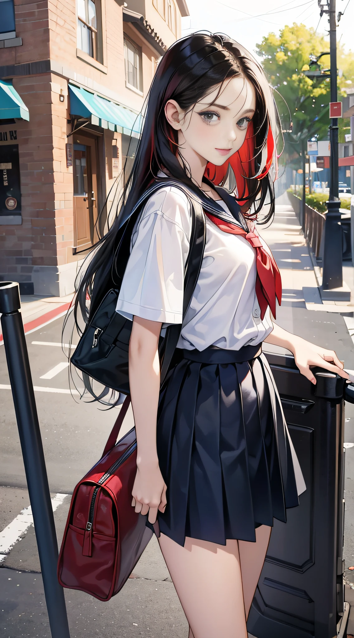 (Best Quality,4K,High resolution), 18yo woman, Red highlights on black hair, Long hair, Straight hair, Cool Woman, Cold eyes,smil , Intricately drawn, Realistic portrayal,outside of house，On the way home from school，female high-school student，School Uniforms，Navy blue skirt，summer clothing， shortsleeves，School bag，Comes with a strange keychain，turned around  ,