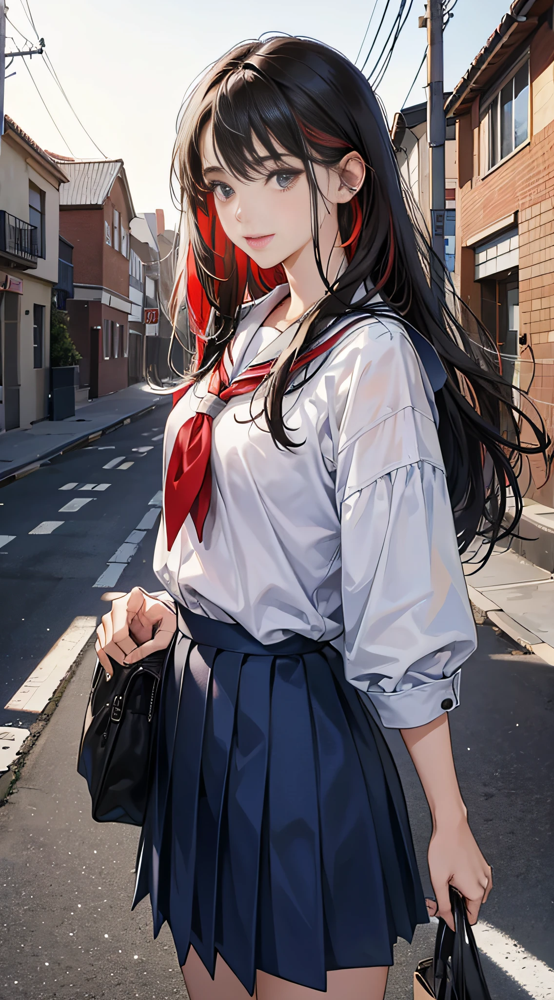 (Best Quality,4K,High resolution), 18yo woman, Red highlights on black hair, Long hair, Straight hair, Cool Woman, Cold eyes,smil , Intricately drawn, Realistic portrayal,outside of house,On the way home from school,female high-school student,School Uniforms,Navy blue skirt,summer clothing, shortsleeves,School bag,Comes with a strange keychain,turned around ,