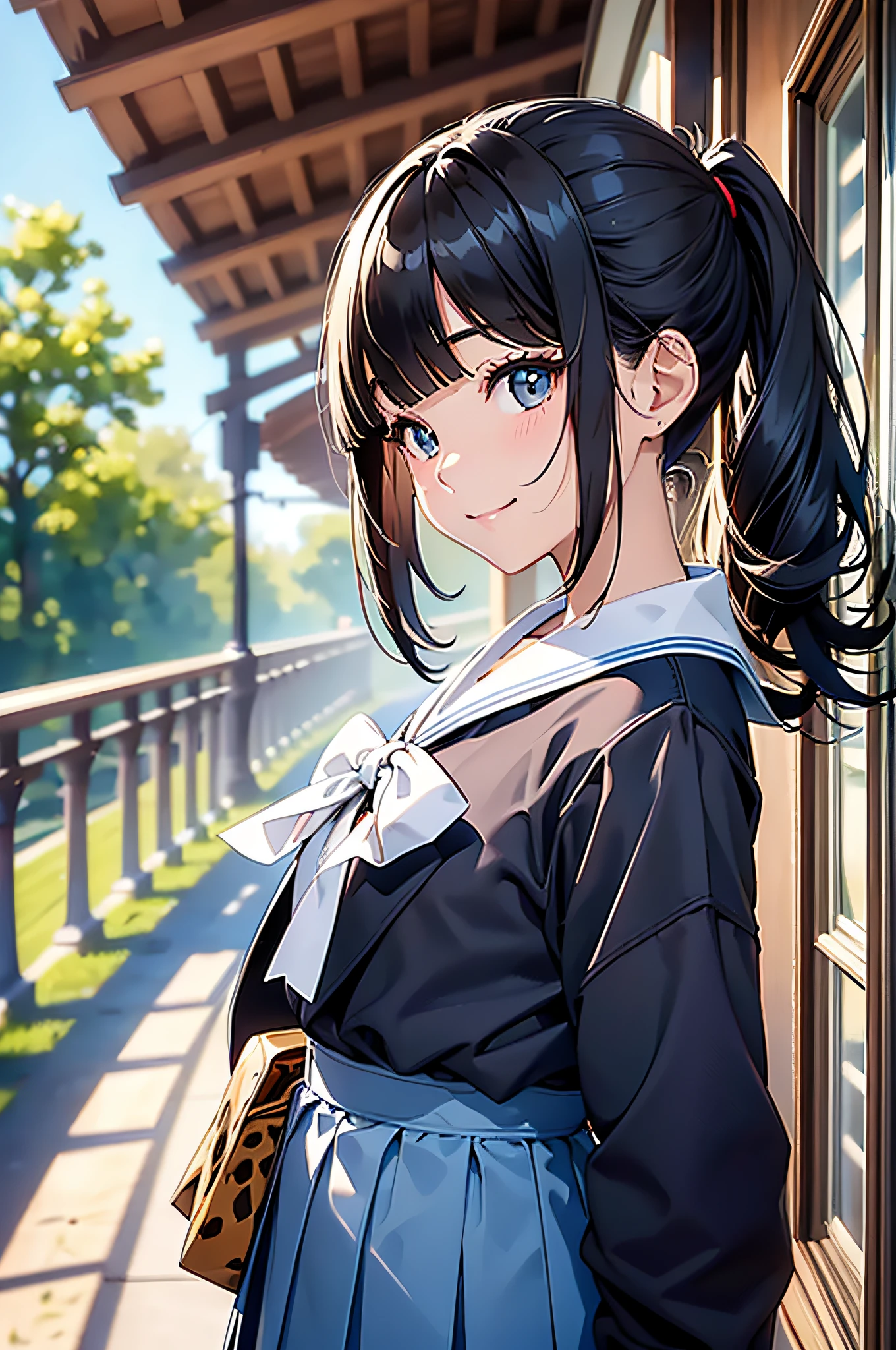 (top-quality、in 8K、32K、​masterpiece、nffsw、ighly detailed:1.2)、cowboy  shot, (blue open sky、chee:1.4)、beautiful shadow、beauitful face、blurry backround、16-year-old beautiful girl、shinny skin, Beautiful black hair、Blunt bangs、 poneyTail、Brown eyes、a sailor suit、pleatedskirt、Black socks、lowfers、A smile、