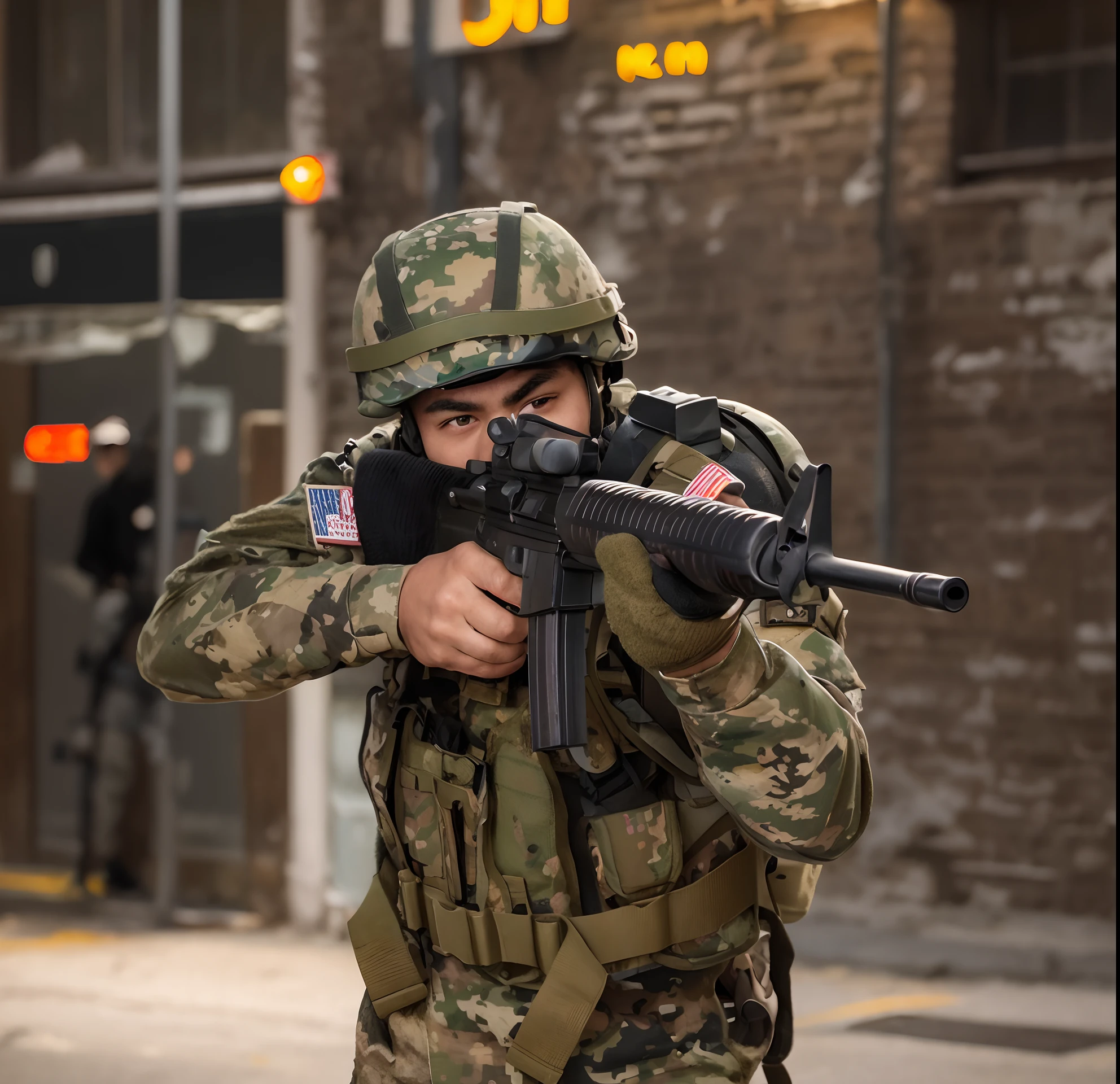 arafed soldier with a gun in his hand and a helmet on, a soldier aiming a gun, airsoft cqb, airsoft gun, shoulder mounted gun, man is carrying a rifle, wielding assault rifle, holding rifle, top shot, airsoft electric pistol, handling riffle on chest, military weaponry, battle action pose, holding a rifle, realistic soldiers, new york street backdrop