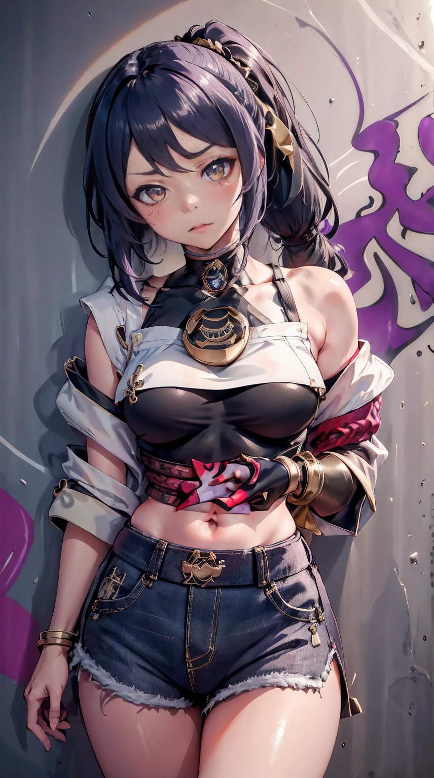 Juri Han,Masterpiece, Best Quality, 1girl, report, crop-top, jean shorts, Choker, (graffiti:1.aint splatter, (Hands Behind Your Back), Against a wall, looking a viewer, A bracelet, thigh strap, Paint on the body, tilt of head, bored, fiery hair color, Rainbow-colored eyes,juri han,olhar malvado