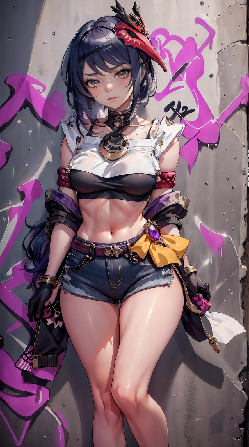 Kujou Sara Genshin Effect, masterpiece, bestquality, 1girls, mediuml breasts, long-haired ,Ponytail, bara, crop top, shorts jeans, choker, (Graffiti:1.5), Splash with purple lightning pattern., arm behind back, against wall, Look at the audience from behind., bracelet, Thigh strap, Head tilt, bored, Ponytail, water eyes, sexy, pretty