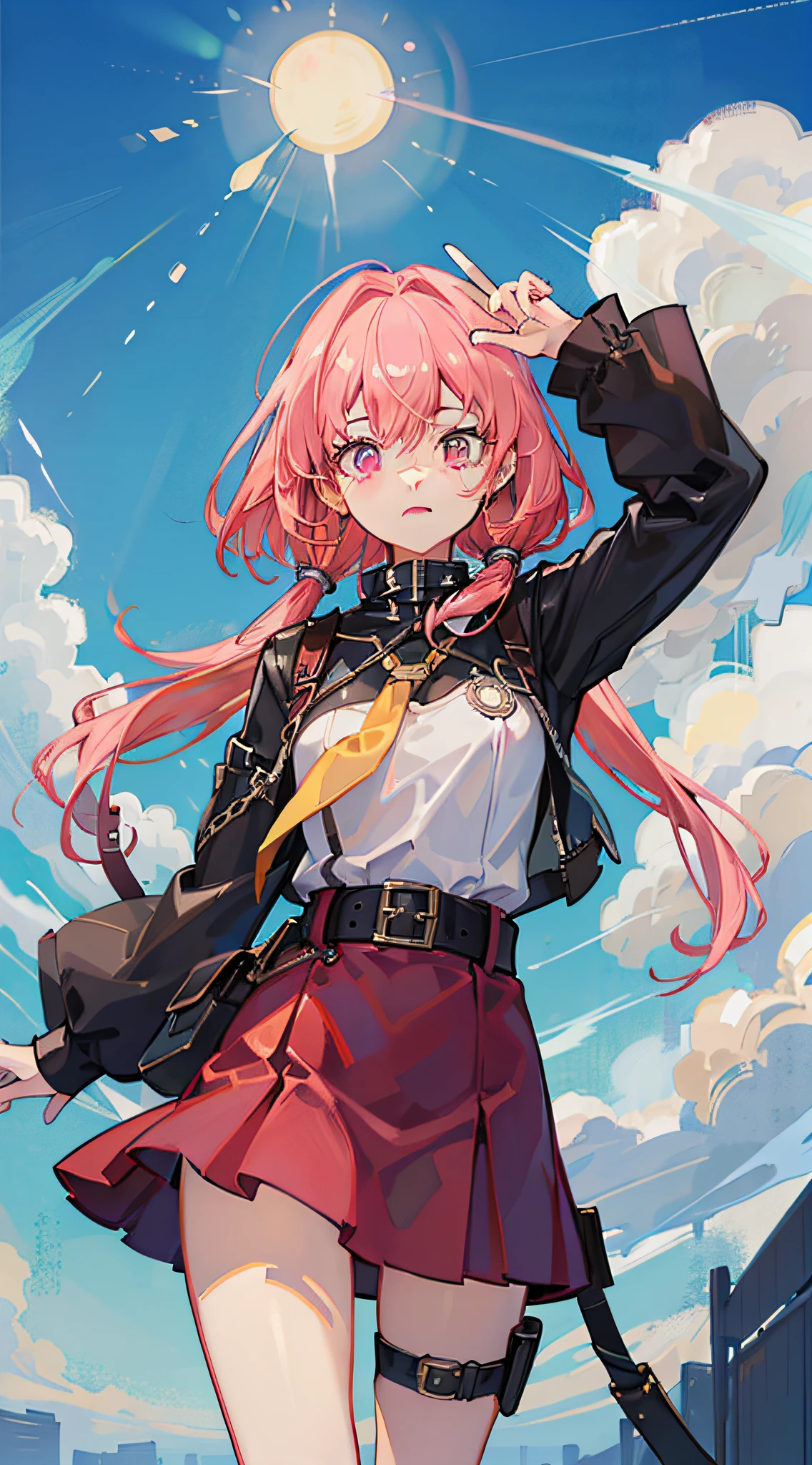masutepiece、hightquality、guard、Western drama、1girl in、a miniskirt、holster、Cute anime illustration、