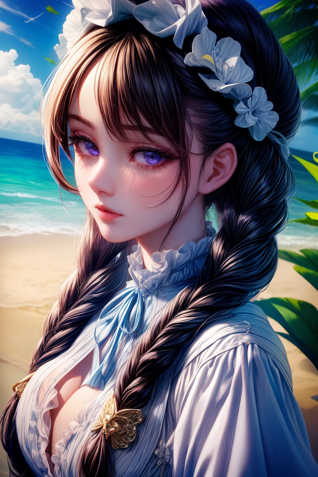 Best quality, Super hi,It's nothing, photoreaslistic, Photography of a beautiful woman, Age of 30 years of adolescence, Detailed face, Black messy fishtail braid, (Detailed porcelain doll,intricate detailed clothes,There are a lot of frills and ribbons), beach, (closeup of face), Seductive look, view the viewer