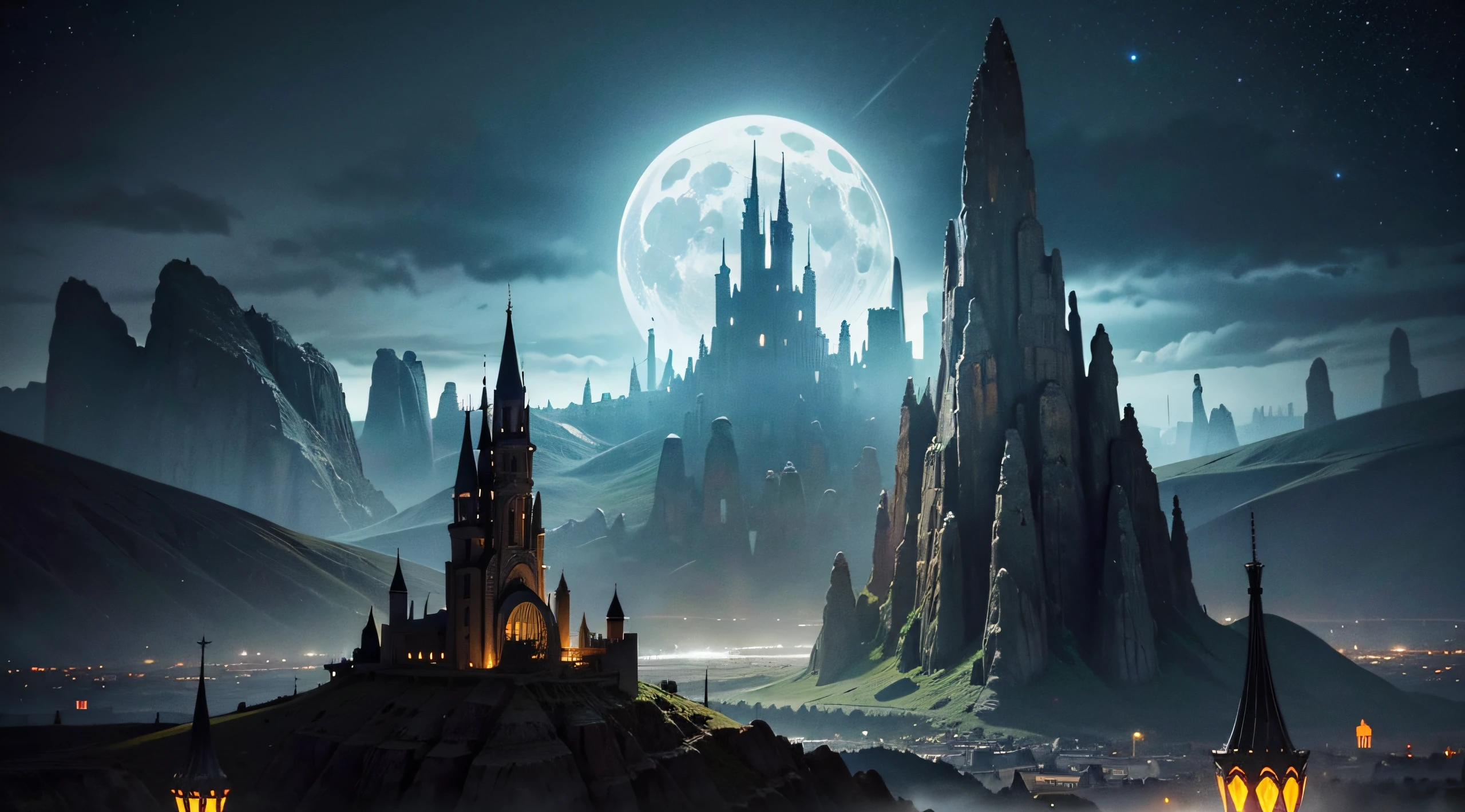 Dark Fantasy, The fantastic scenery, highly detailed landscape, Moonlight, Alien City　The Future of Science Fiction, dark art, Dystopian atmosphere, Mechanical and retro world, land like cappadocia, Weird architecture in the style of Gaudi, light from building windows, Old movies「metropolis」A cityscape like, dark sky, Overcast sky, grey sky, giant analog synthesizer wave, A mechanized anime girl like an analog synthesizer exists small in the background., view sky