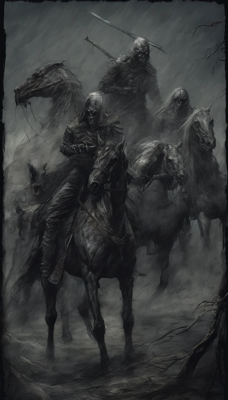 Undead soldiers and horses,Bloody demonic creature