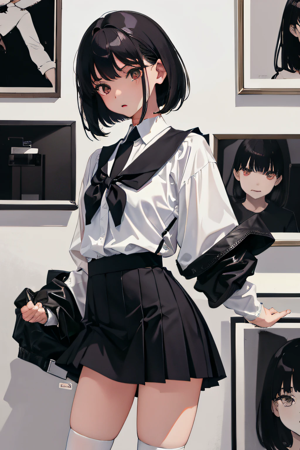 ,Standing,Dancing,(masterpiece,Highest Quality),Zettai Ryoki Thigh,pleatedskirt,Blouse,Pupils,A dark-haired,Medium bob,Black socks,Schools