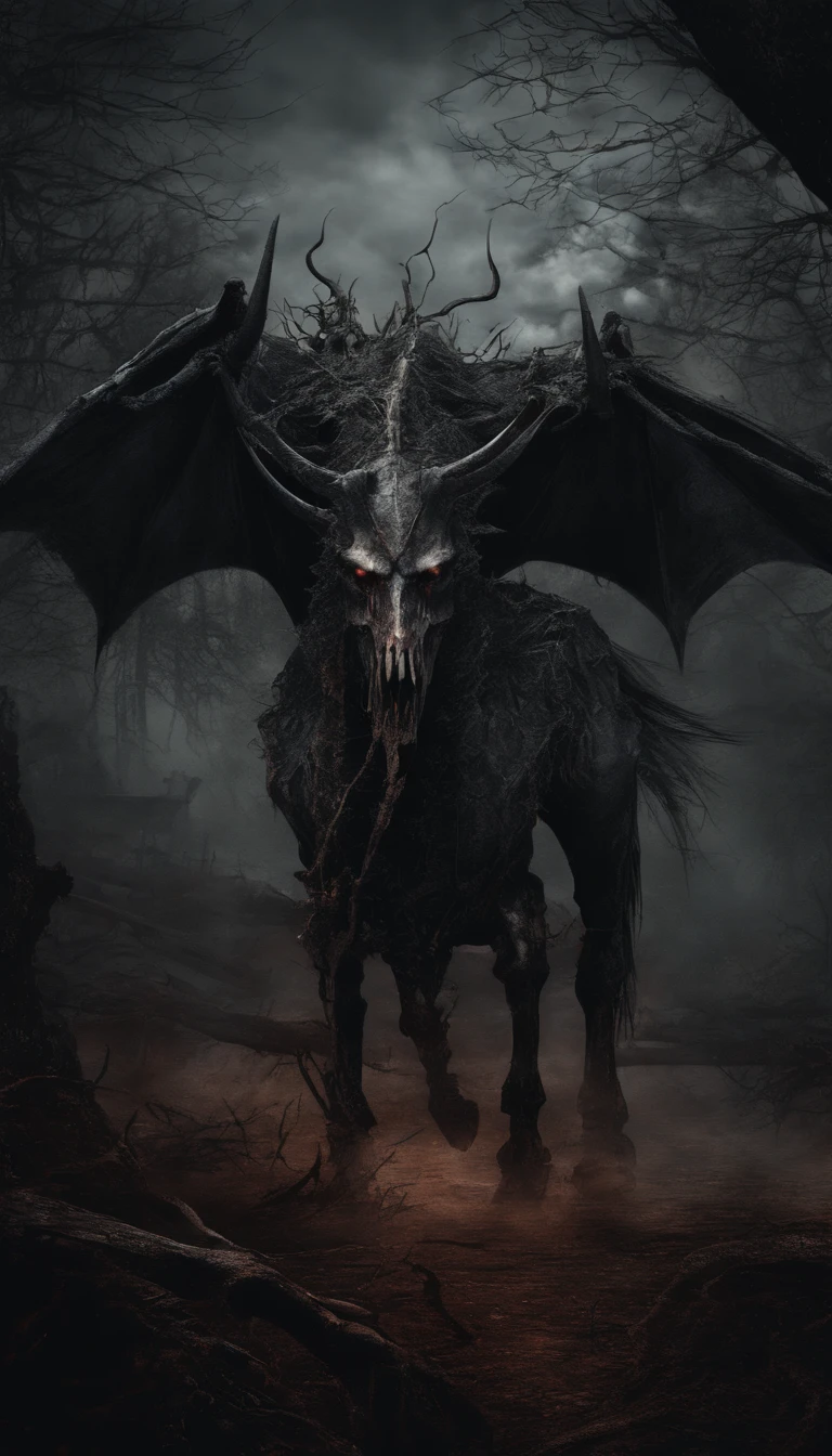 (best quality,highres:1.2),ultra-detailed,(realistic,photorealistic:1.37),dark,horror,creepy,zombie horses,demonic creatures,blood-soaked battlefield,ravaged armor,lifeless eyes,rotting flesh,twisted horns,haunting atmosphere,majestic landscape,ominous clouds,ethereal glow,eerie moonlight,sharp claws,menacing presence,rusty weapons,vivid colors,abandoned castle,decaying vegetation,bone-chilling scene,sinister shadows,nightmarish realm,death and decay,ominous aura,otherworldly beings,dreadful presence,skull motifs,cursed spirits,evil incarnate,macabre ambiance,hauntingly beautiful,terrifying monstrosities,dark magic,ominous ruins,frightening spectacle,gruesome details