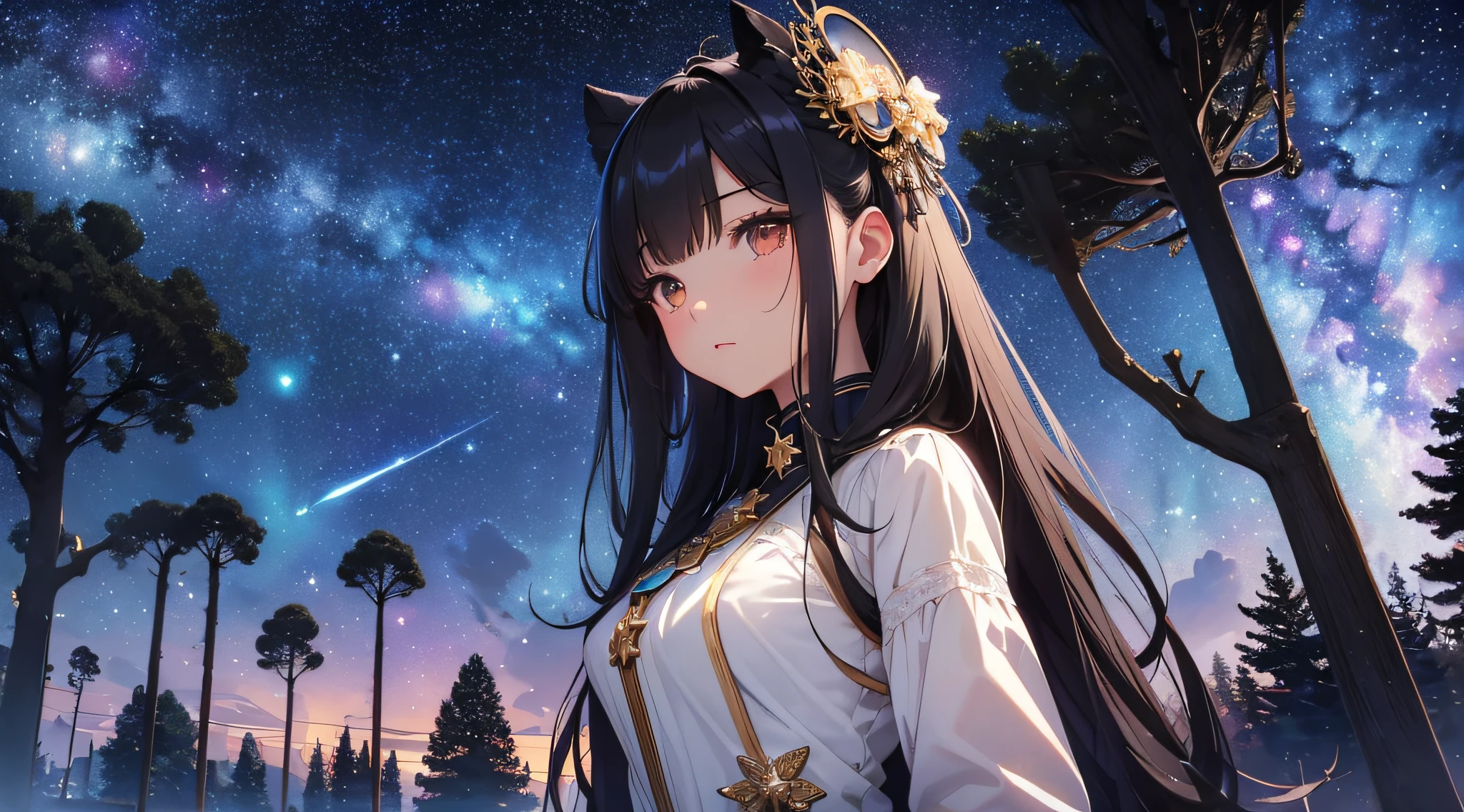 ​masterpiece、High Detailed Girls（（独奏、a beauty girl、doress、Highly detailed hair ornament、Hair is tied up））、Background with((Fantastic starry sky、meteors、black hole))、Depth((Giant Tree、Fantastic、Luminescent))、
