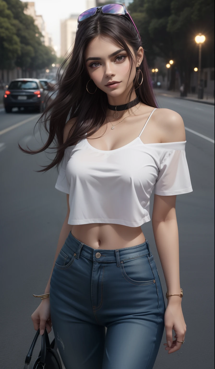 8k, Obra maestra, Foto RAW, La mejor calidad, detalle:1.2), fotorrealista, Fondos de pantalla CG unificados 8k extremadamente detallados, Profundidad de campo, cinematic light, Destello de lente, Trazado de rayos, (cara extremadamente hermosa, labios hermosos, Hermosos ojos), Cara de detalle intrincado, ((Piel ultra detallada)) 1girll, A oscuras, pelo color morado, sombra profunda, Bonita chica coreana, Kpop idol,(Cuerpo musculoso muy delgado y delgado:1.3), ((Ver el visor)), (gran sonrisa), (pantalon vaquero y blusa blanca), (zapatos de tacon alto), (Bragas expuestas), ((Disparos en cuerpo completo de pie)), (tomas de cuerpo completo caminando), (Injection cuff), (fondo parque con fuente), (luces de neon), (noche), Bonita chica coreana, Pendientes, brazalete, collar, pantys, ojos claros, andante, (Pale skin), Cara hacia adelante, (ojos grandes), Go back, (Tiro trasero), NSFW