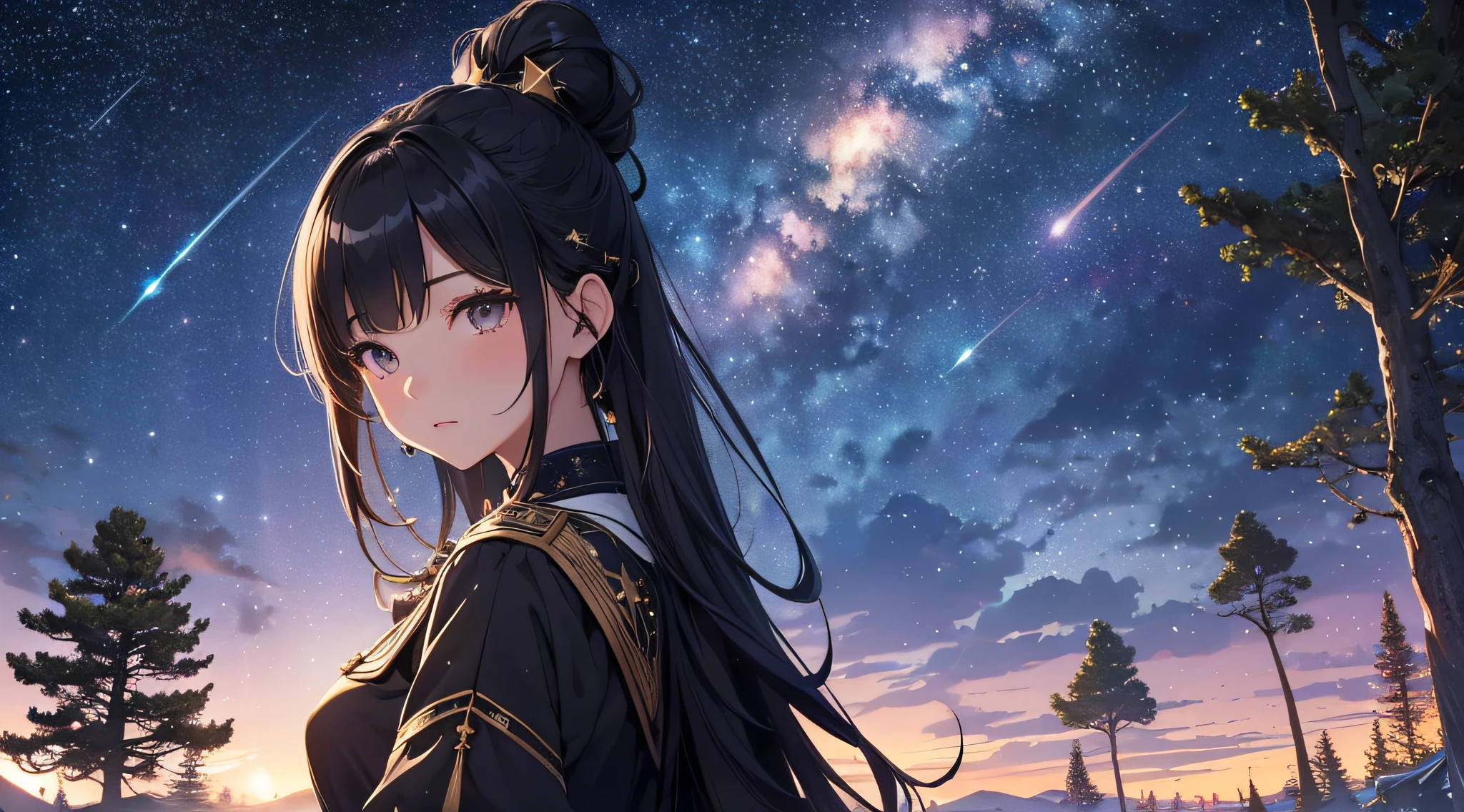 masterpiece、High Detailed Girls((独奏、a beauty girl、doress、Highly detailed hair ornament、Hair is tied up))、Background with((Fantastic starry sky、meteors、black hole))、Depth((Giant Tree、Fantastic、Luminescent))、