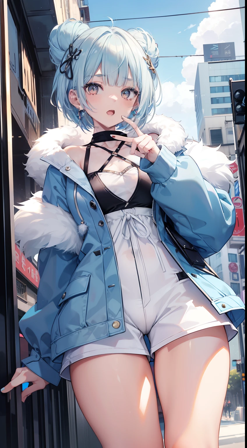 master piece, best quality, ultra detailed beautiful face and eyes,alone,A pretty girl,light blue hair,(((short fur))),((straight hair)),blunt bangs,((white eyes)),( (tareme)),makeup,flat chest,hood,short pants,nails,hoop earrings,peace,happy,open mouth,(city),medium chest,thick legs,thick thighs