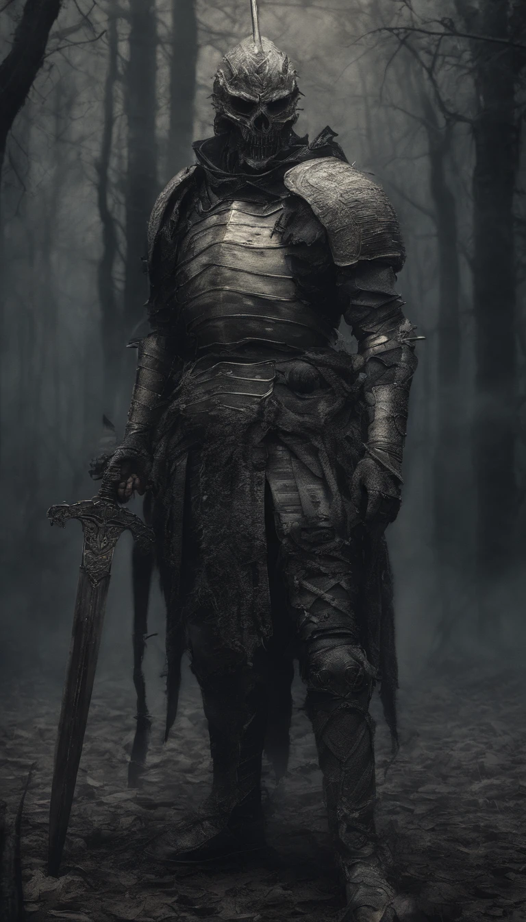 A soldier wearing ancient armor holding a sword and shield in his hands，full-body portraits，demonic creature，Surreal art