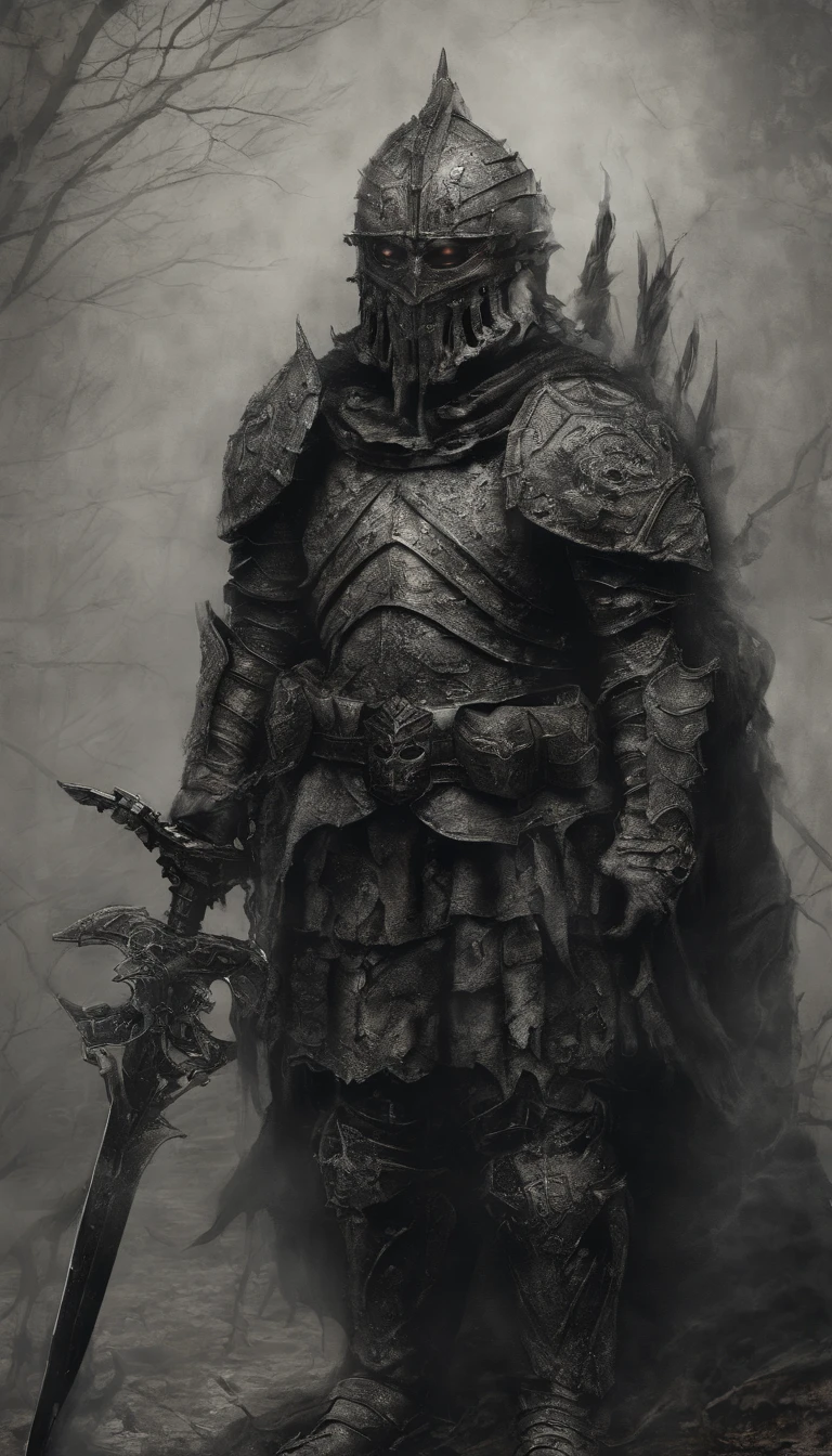 A soldier wearing ancient armor holding a sword and shield in his hands,full-body portraits,demonic creature,Surreal art