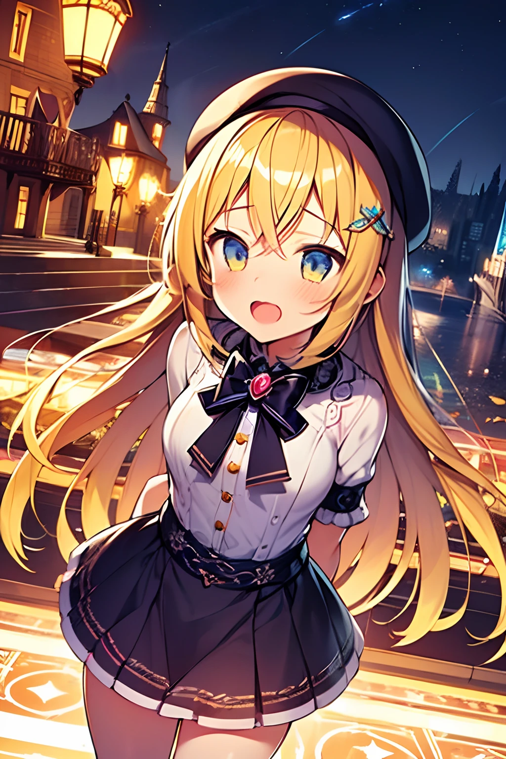 1girl. yellow hair.long hair.short stature. small breast.skirt. (((masterpiece))).(((best quality))).)((ultra-detailed))).(((illustration))).(((night view))).Magical girl costume.magic circles.open mouth.Sad face.beret