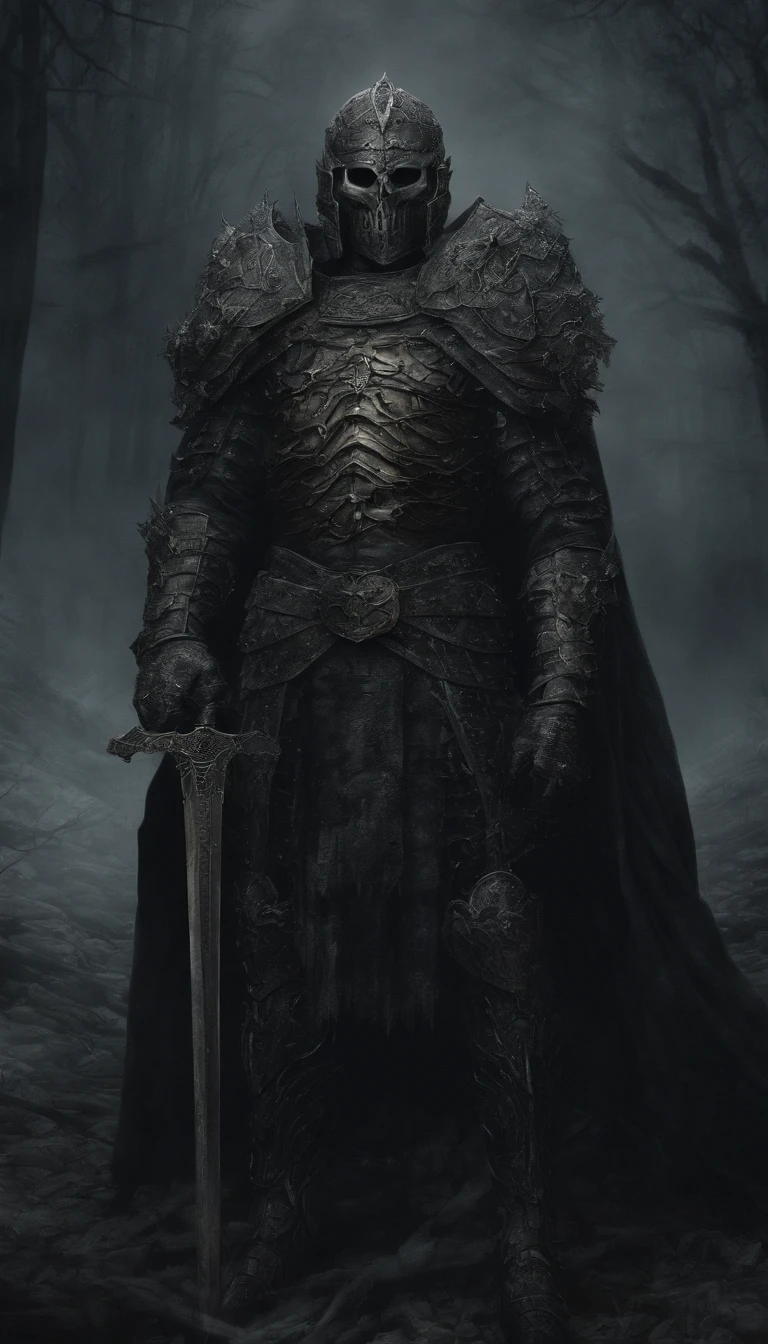 (highres,masterpiece:1.2),ultra-detailed,portrait,detailed face,beautiful armor,shiny armor,elaborate shield,ornate sword,powerful soldier,stoic expression,evil creature,dark atmosphere,haunting presence,surreal art style,contrast colors,eerie lighting