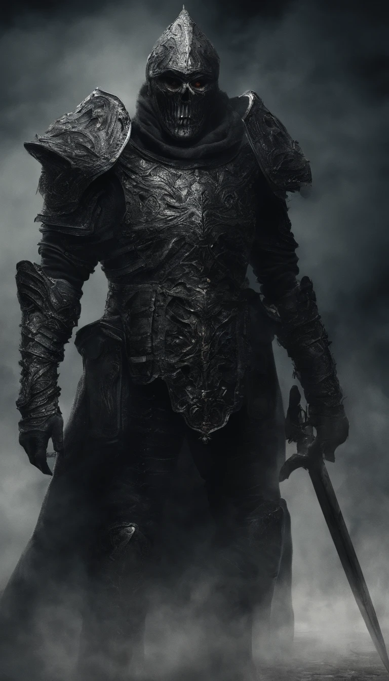 (highres,masterpiece:1.2),ultra-detailed,portrait,detailed face,beautiful armor,shiny armor,elaborate shield,ornate sword,powerful soldier,stoic expression,evil creature,dark atmosphere,haunting presence,surreal art style,contrast colors,eerie lighting