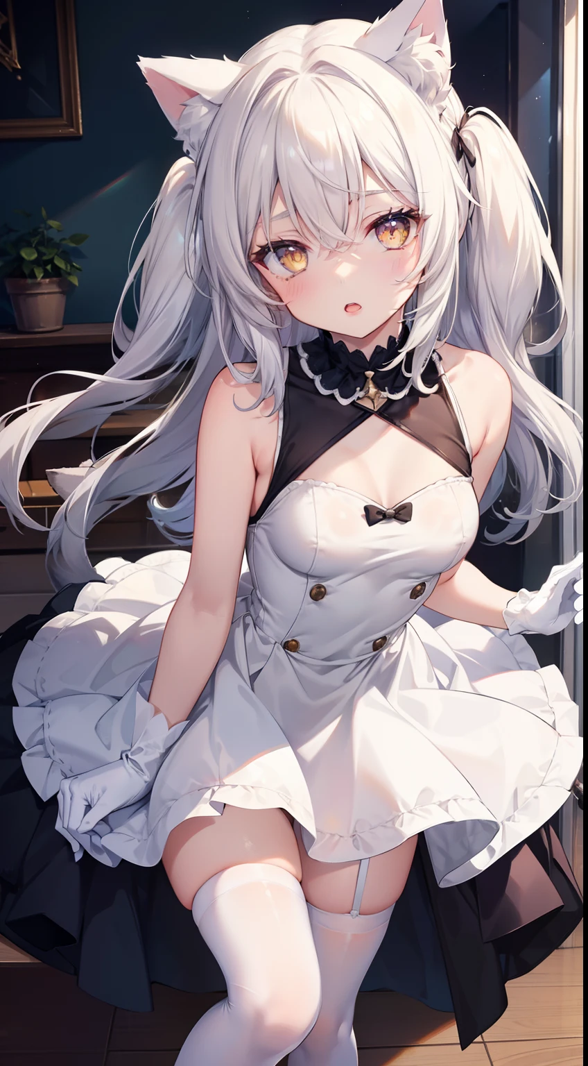 Description: 1girl, solo, breasts, looking at viewer, blush, open mouth, bangs, thighhighs, gloves, dress, animal ears, hair between eyes, bare shoulders, brown eyes, collarbone, yellow eyes, white hair, thighs, small breasts, parted lips, sleeveless, indoors, cat ears, white gloves, white dress, covered nipples, white thighhighs, animal ear fluff, skindentation, leaning forward, sleeveless dress, short dress, frilled dress, cat girl, slit pupils