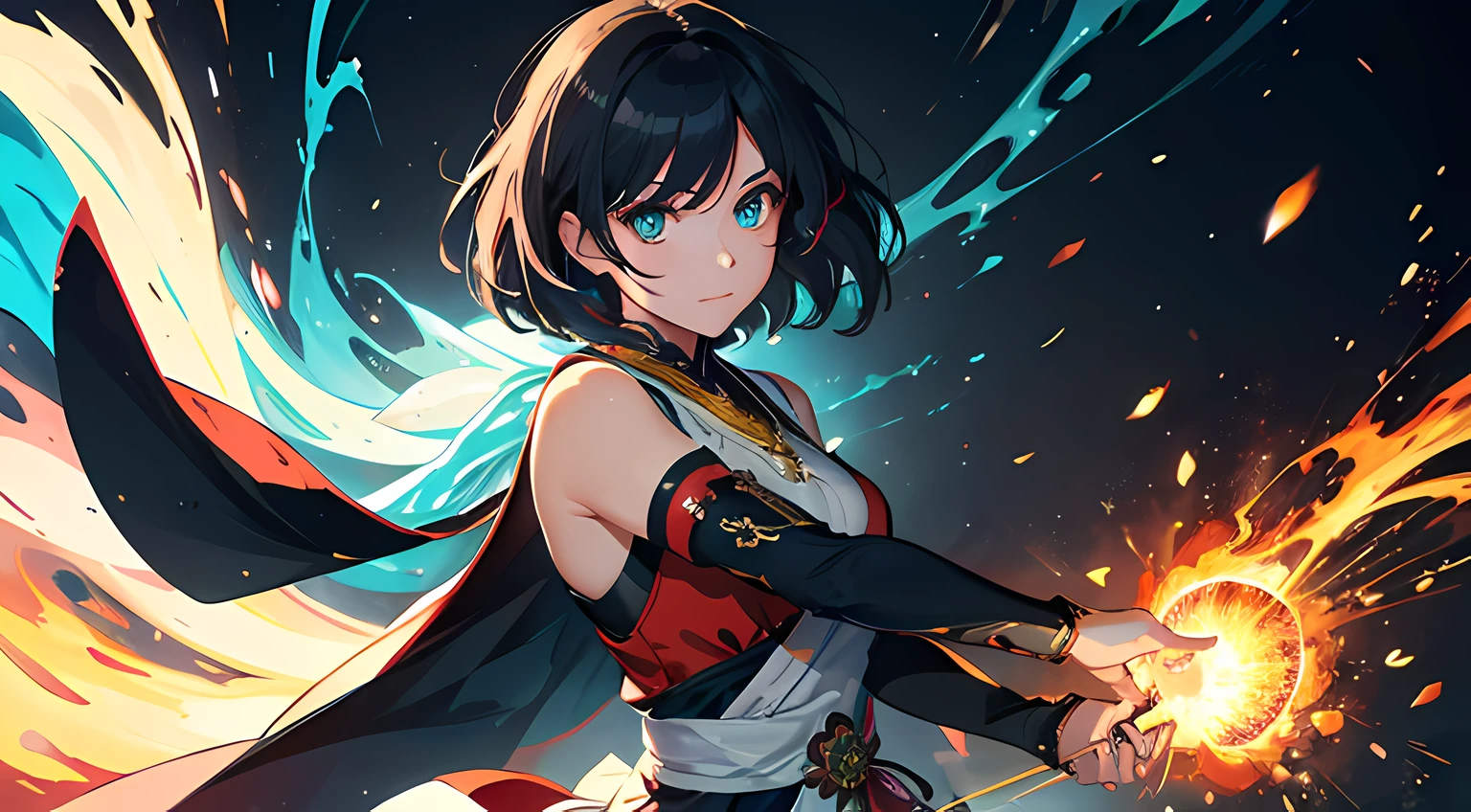 (woman), (yae miko), (ultra-detailed, perfect pixel, highres, best quality, beautiful eyes finely detailed), (full body:0.8), 19 years old anime girl, short raven hair, wavy hair, parted bangs, black hair, gradient hair color, flowing crimson hair that dances like flames, there is many red fire swirling around her body (transparent:0.7), showing her overpower aura (dangerous and terrifying aura), dangerous, she holding a wizard staff, casting a powerful explosion magic, grand magus, green eyes, strong and heavy steel armor, prestigious, realistic fire, the background is full of magical particles and realistic blue fire. lens flare, glowing light, reflection light, motion blur, 8k, super detail, ccurate, best quality, Ray tracing.