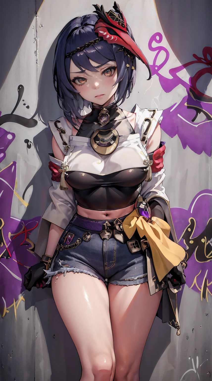 Kujou Sara Genshin Effect, masterpiece, bestquality, 1girls, oversized breasts, bara, crop top, choker, (Graffiti:1.5), Splash with purple lightning pattern., arm behind back, against wall, View viewers from the front., Thigh strap, Head tilt, bored, water eyes,