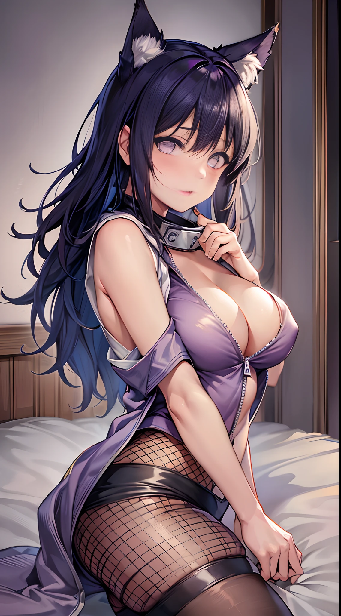 masterpiece, Hi-Res, hiquality, Detail Face, Detail Body Rendering, 1girll, 独奏, Hiuga Hinata, Hinata sleeveless costume,,, sleeveless shirts, fishnet tights, Dark lips, unzipped jacket, no-bra, Chest Out, teats, is standing, red blush, (bedroom)、Wolf ears