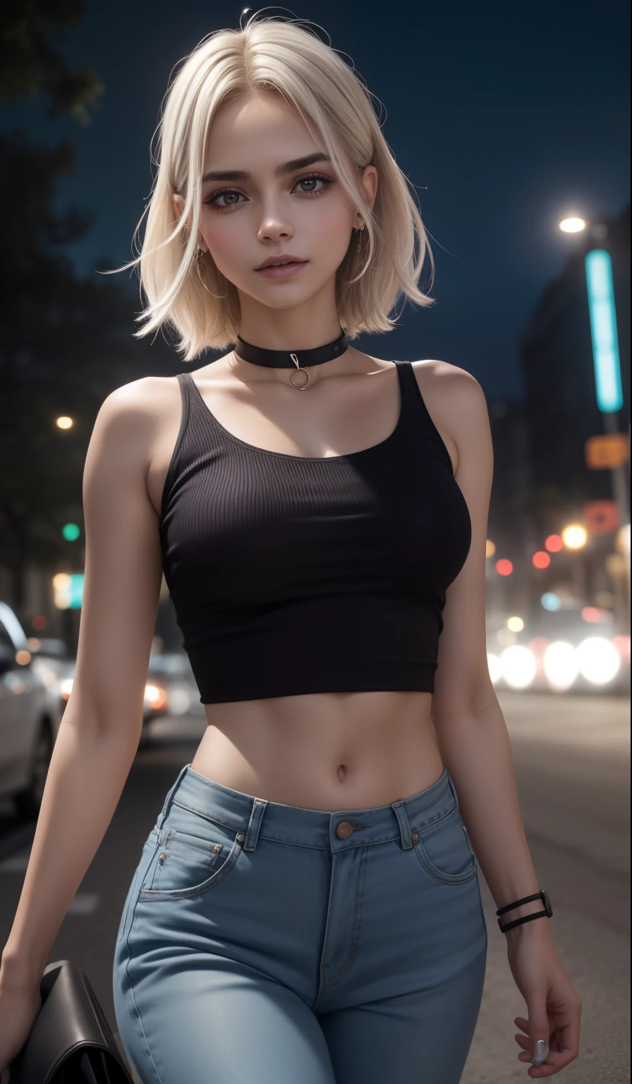 masterpiece, best quality, nsfw, 1girl, platinum blonde hair, short hair, green eyes, braids, small perky breasts, on the street, night, neon light, white t-shirt, braless, black pants, poker face, front view, standing, in crowd,