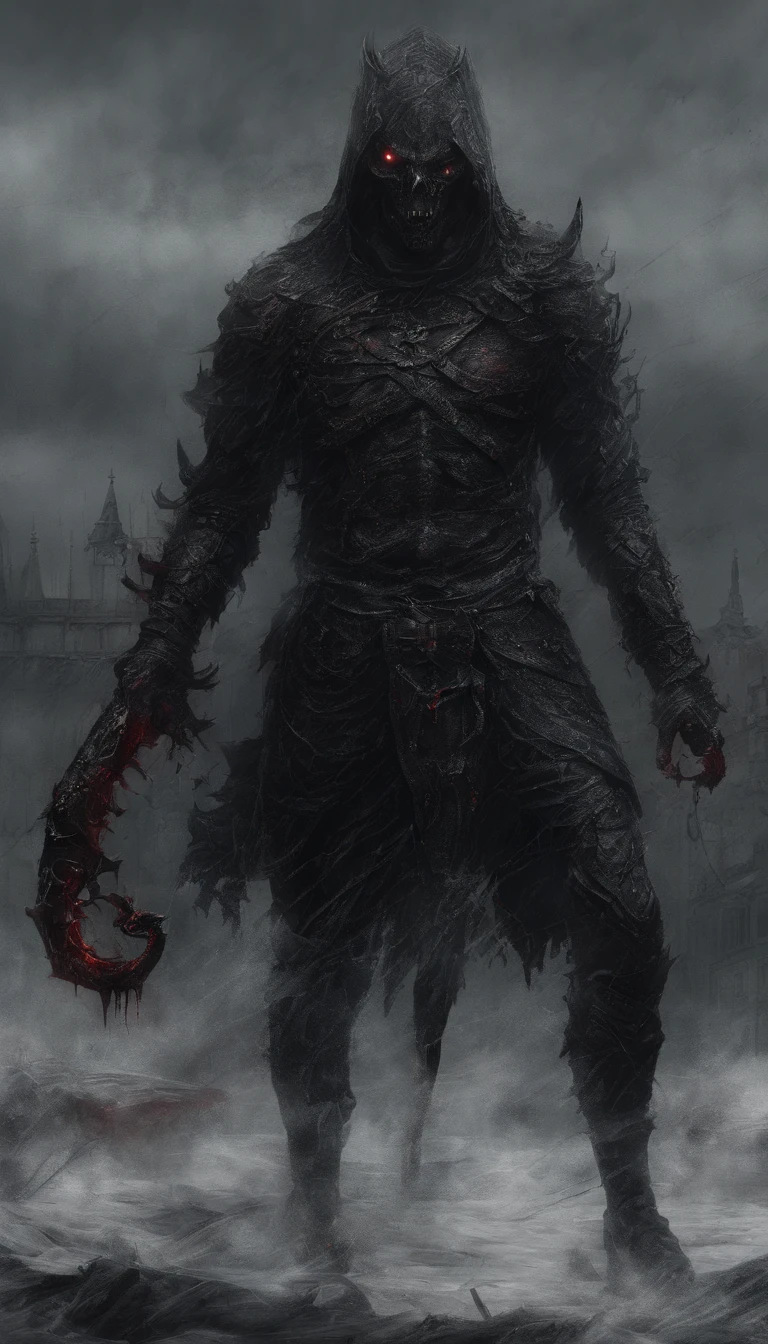 a physically powerful demonic creature,Wearing black armor,Wearing black iron gloves,Wearing black iron combat boots,Wears a black hood,Eyes glowing red,Ultra-detailed full-body portraits,Demon Knight,Holding a huge dark red sickle in his hand,Riding on a black horse