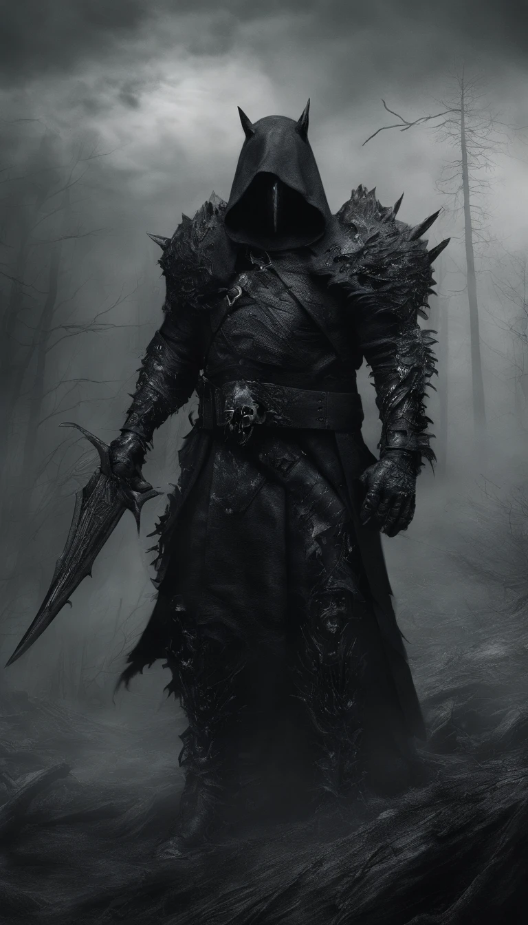 a physically powerful demonic creature，Wearing black armor，Wearing black iron gloves，Wearing black iron combat boots，Wears a black hood，Eyes glowing red，Ultra-detailed full-body portraits，Demon Knight，Holding a huge dark red sickle in his hand，Riding on a black horse